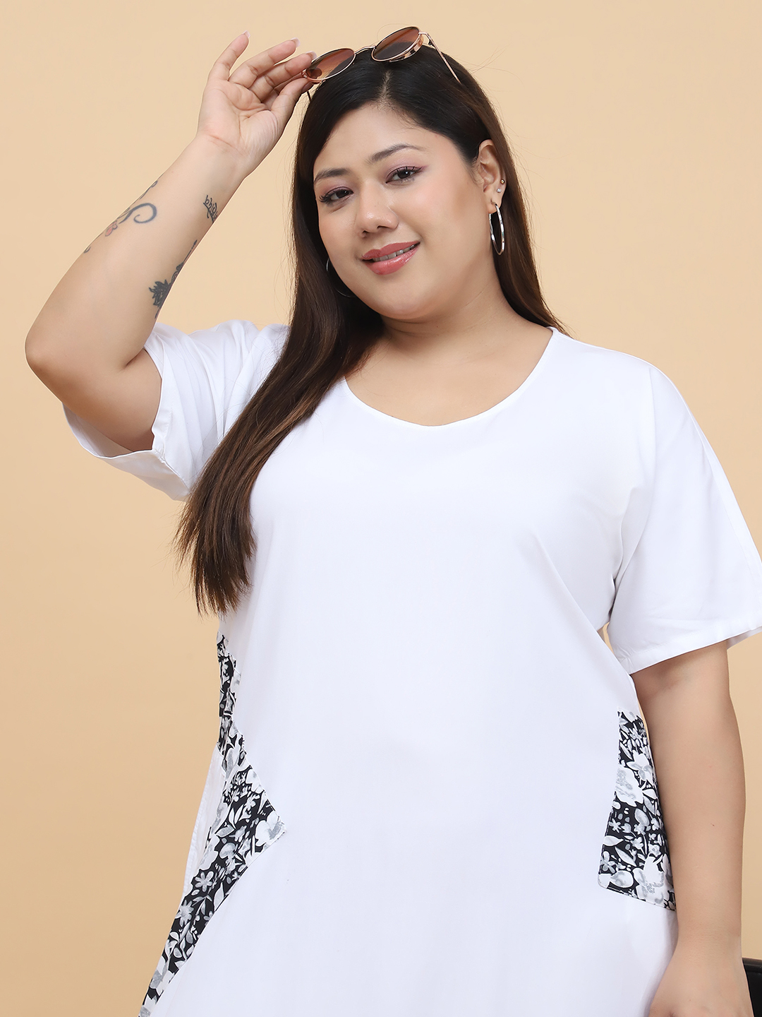 Women's Plus Size White solid color Woven A-Line Dress