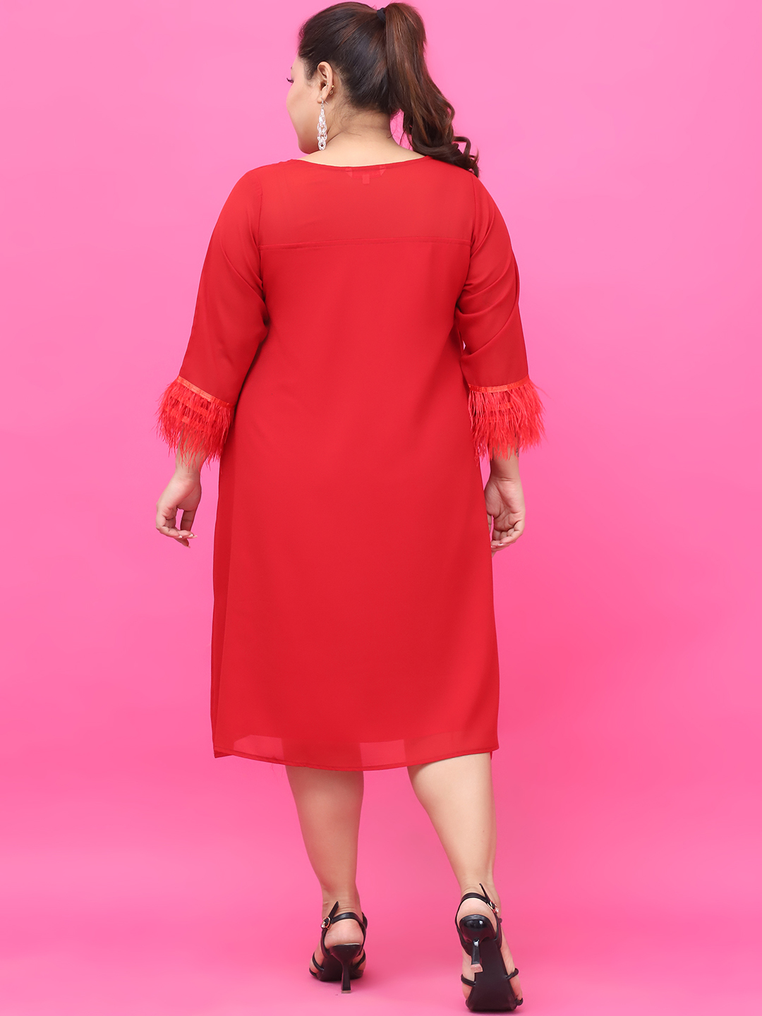 Women's Plus Size Red Solid Color Georgette Dress with attached crepe Lining