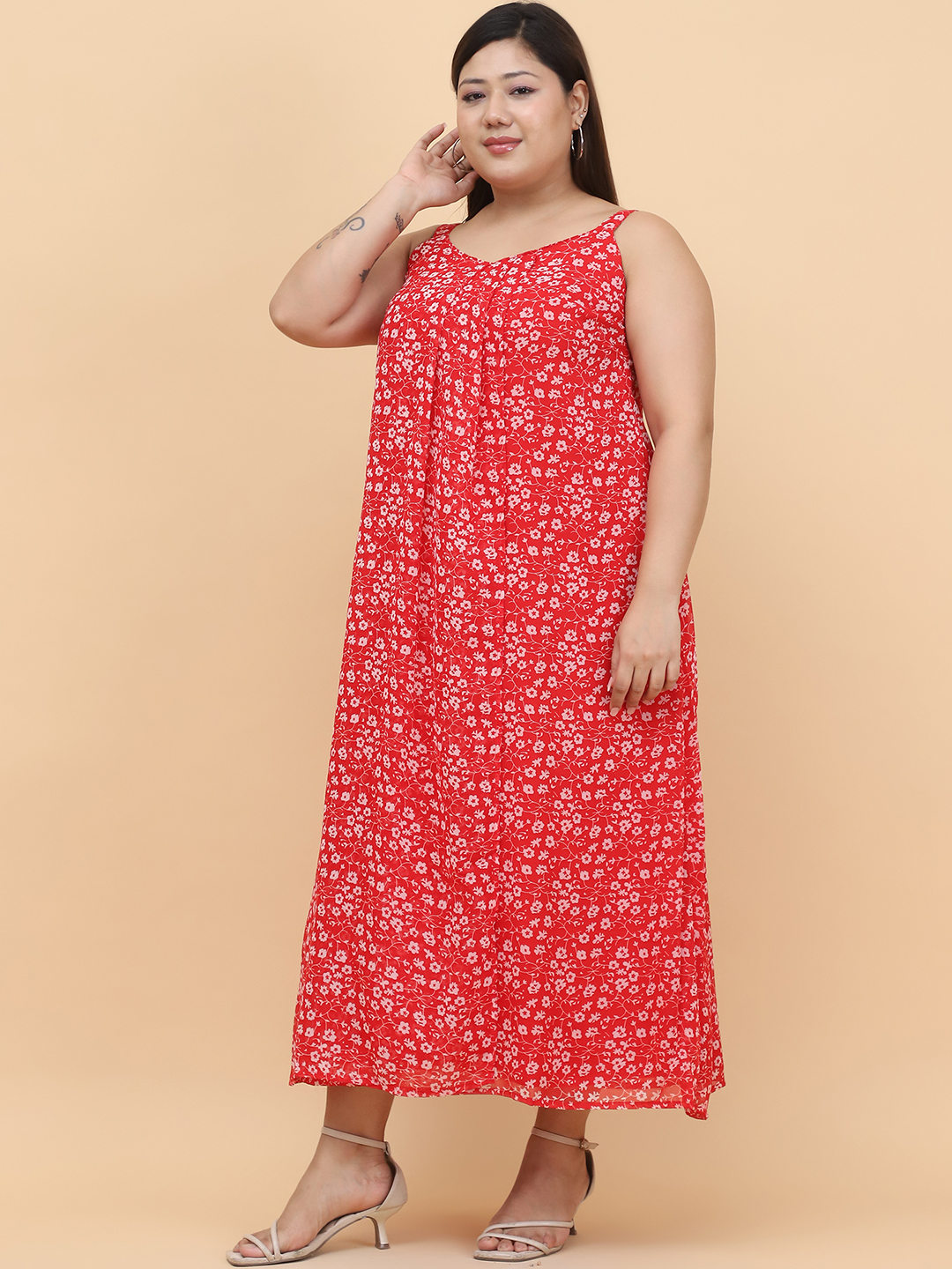 Women's Plus Size Red & White Floral Printed A-Line Midi Dress