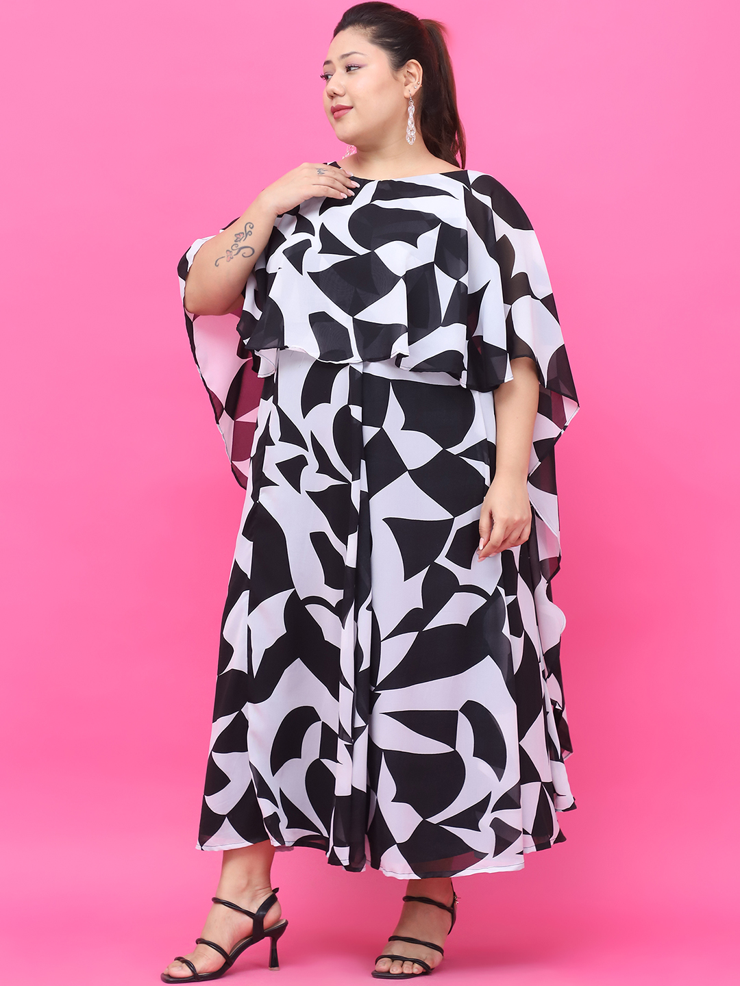 Women's Plus Size Black & White Floral Printed Dress with attached printed Cape