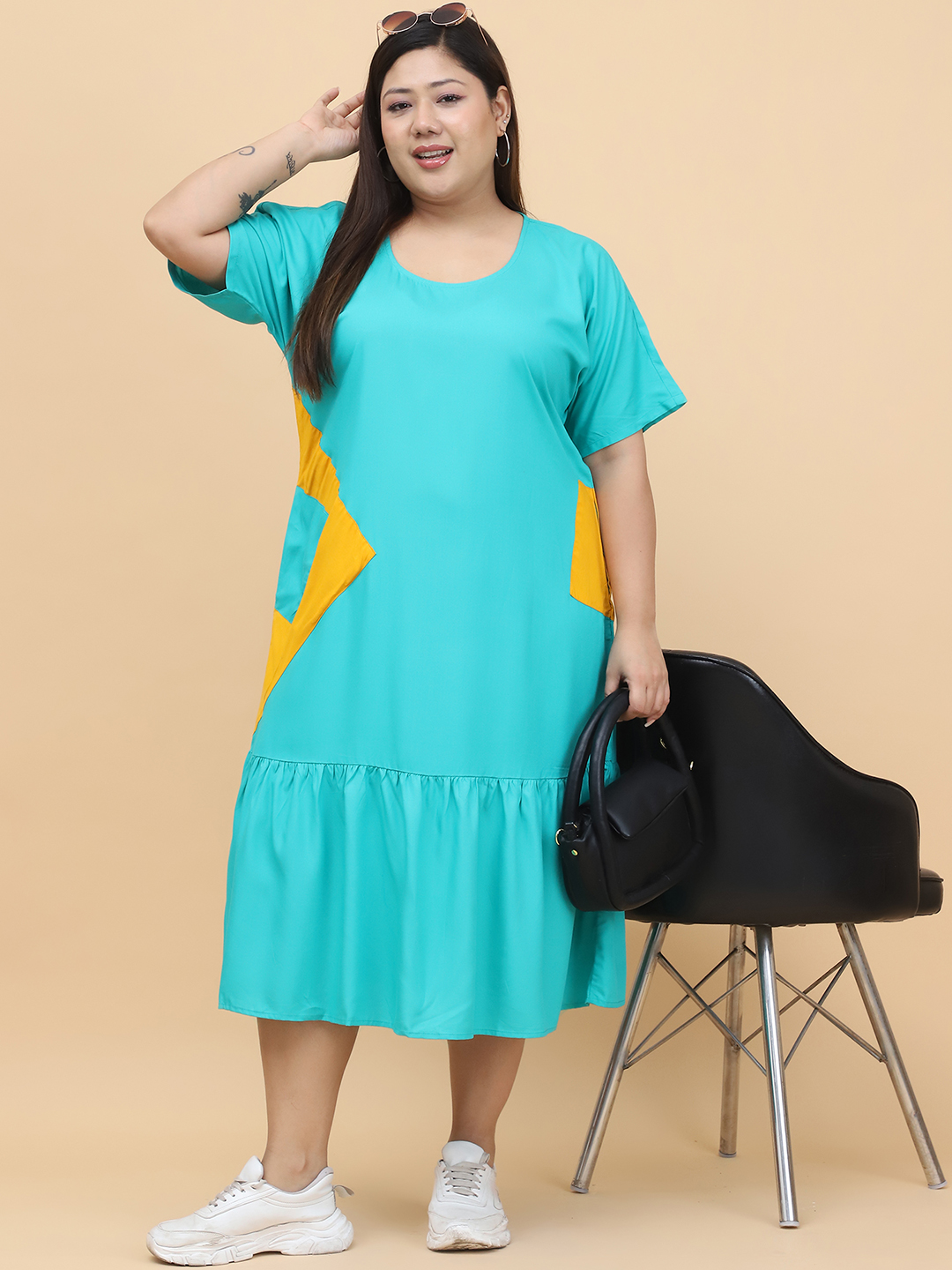 Women's Plus Size Teal solid color Woven A-Line Dress