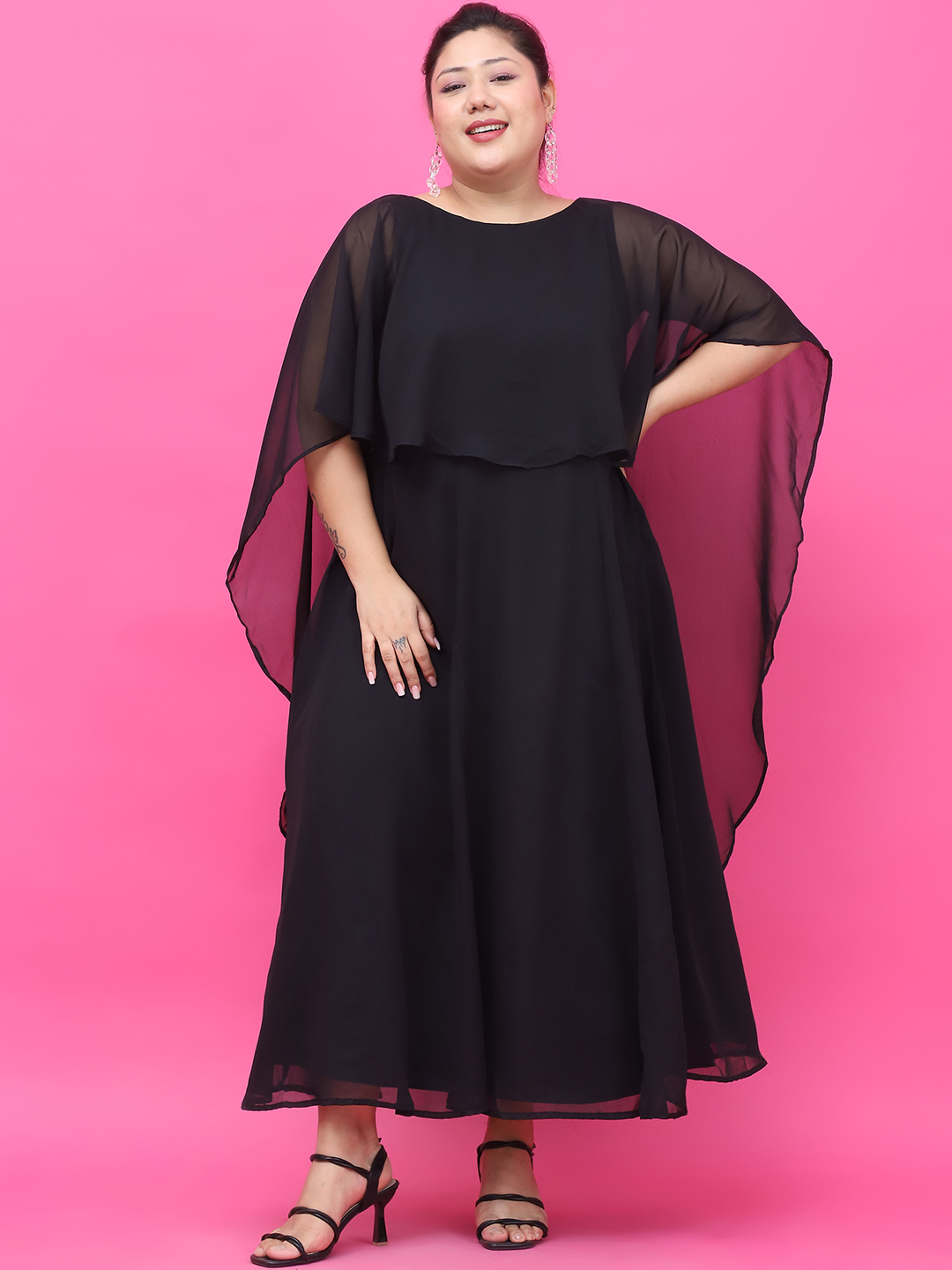 Women's Plus Size Black Solid Color Dress with attached solid color Cape
