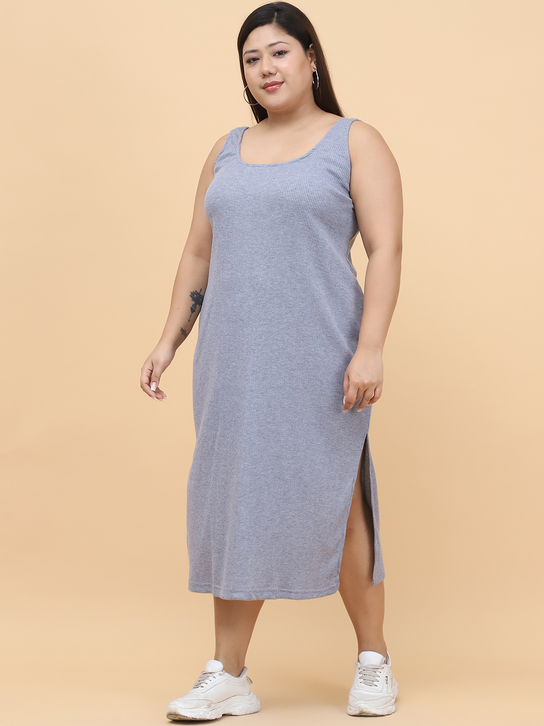 Women's Plus Size Grey solid color cotton rib dress