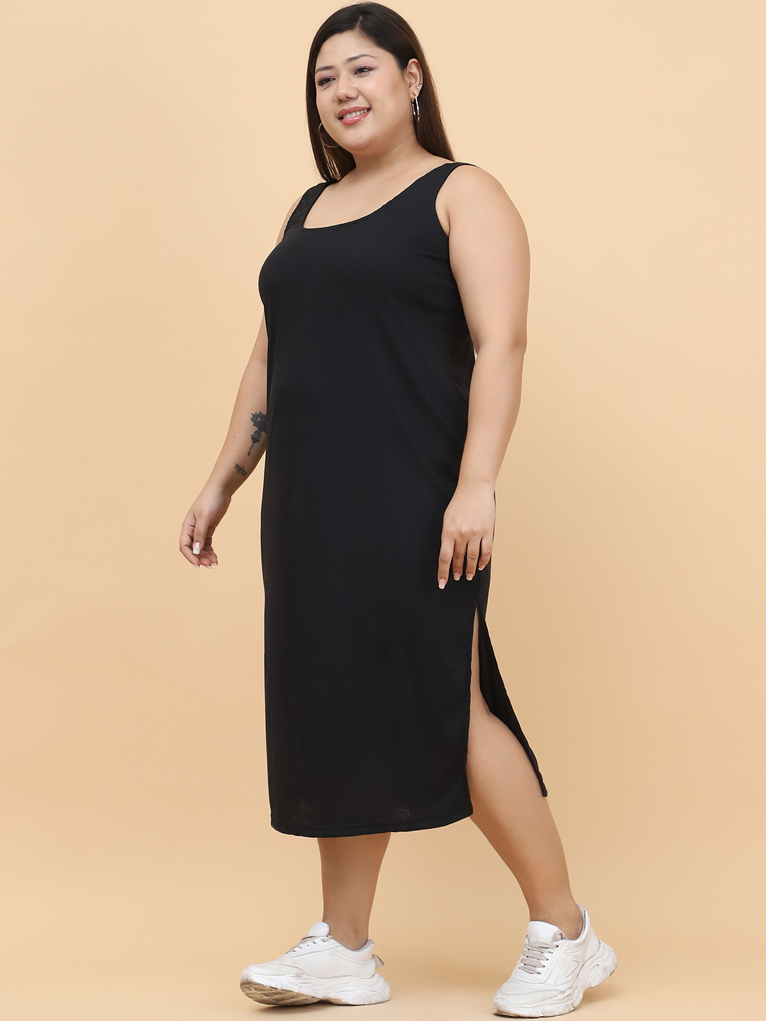 Women's Plus Size Black solid color cotton rib dress