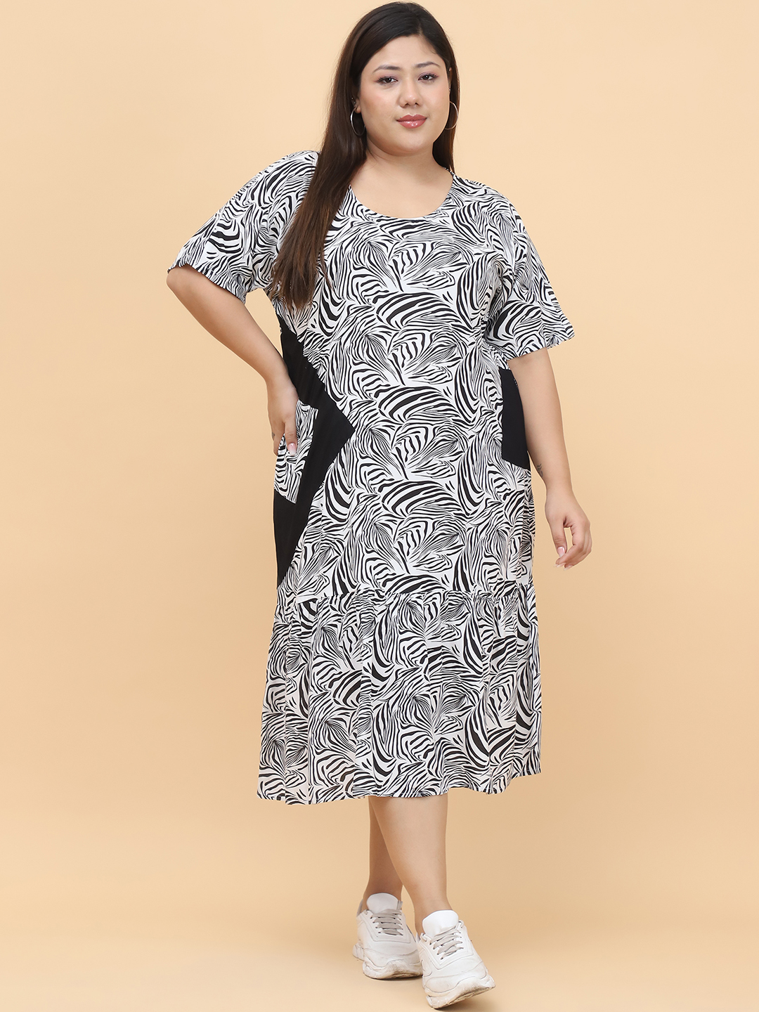 Women's Plus Size Black & White Zebra Printed Woven A-Line Dress