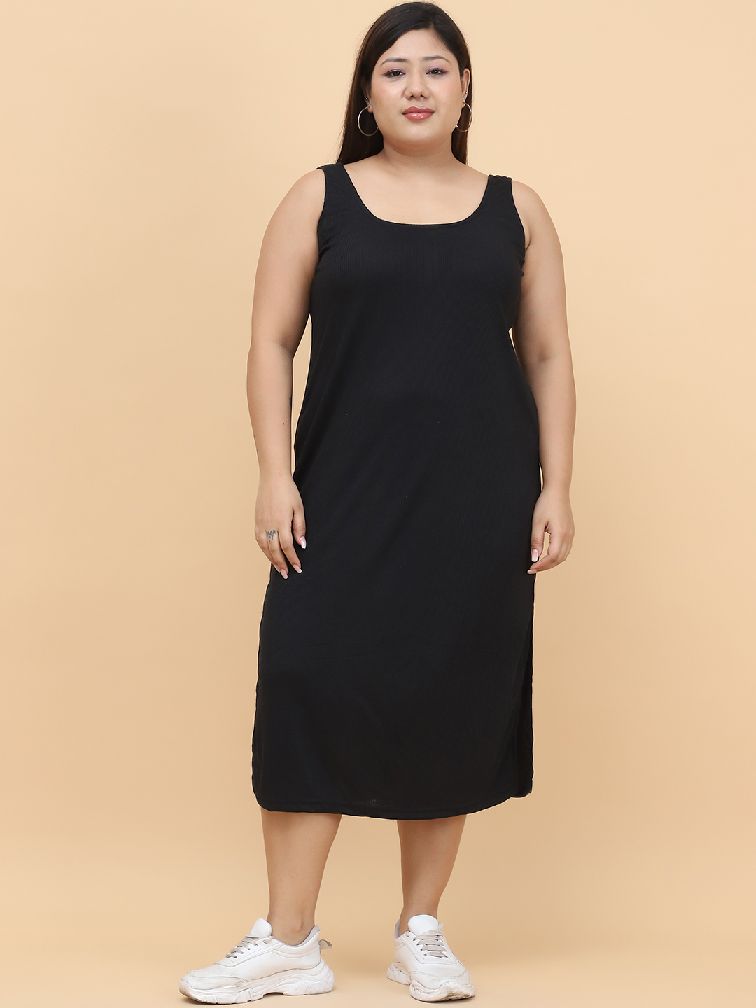 Women's Plus Size Black solid color cotton rib dress
