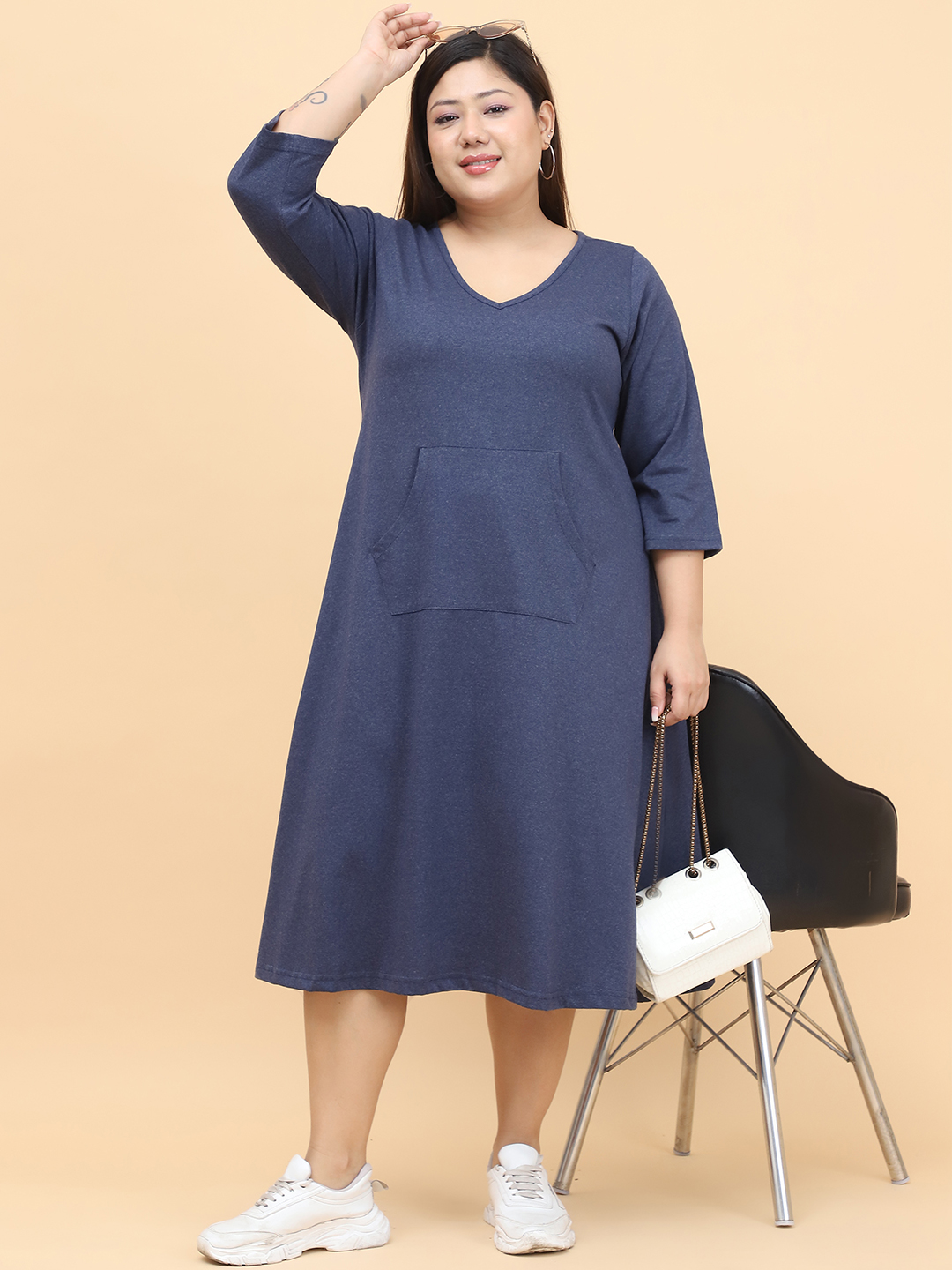 Women's Plus Size Melange Blue Solid Color Cotton Knitted Dress