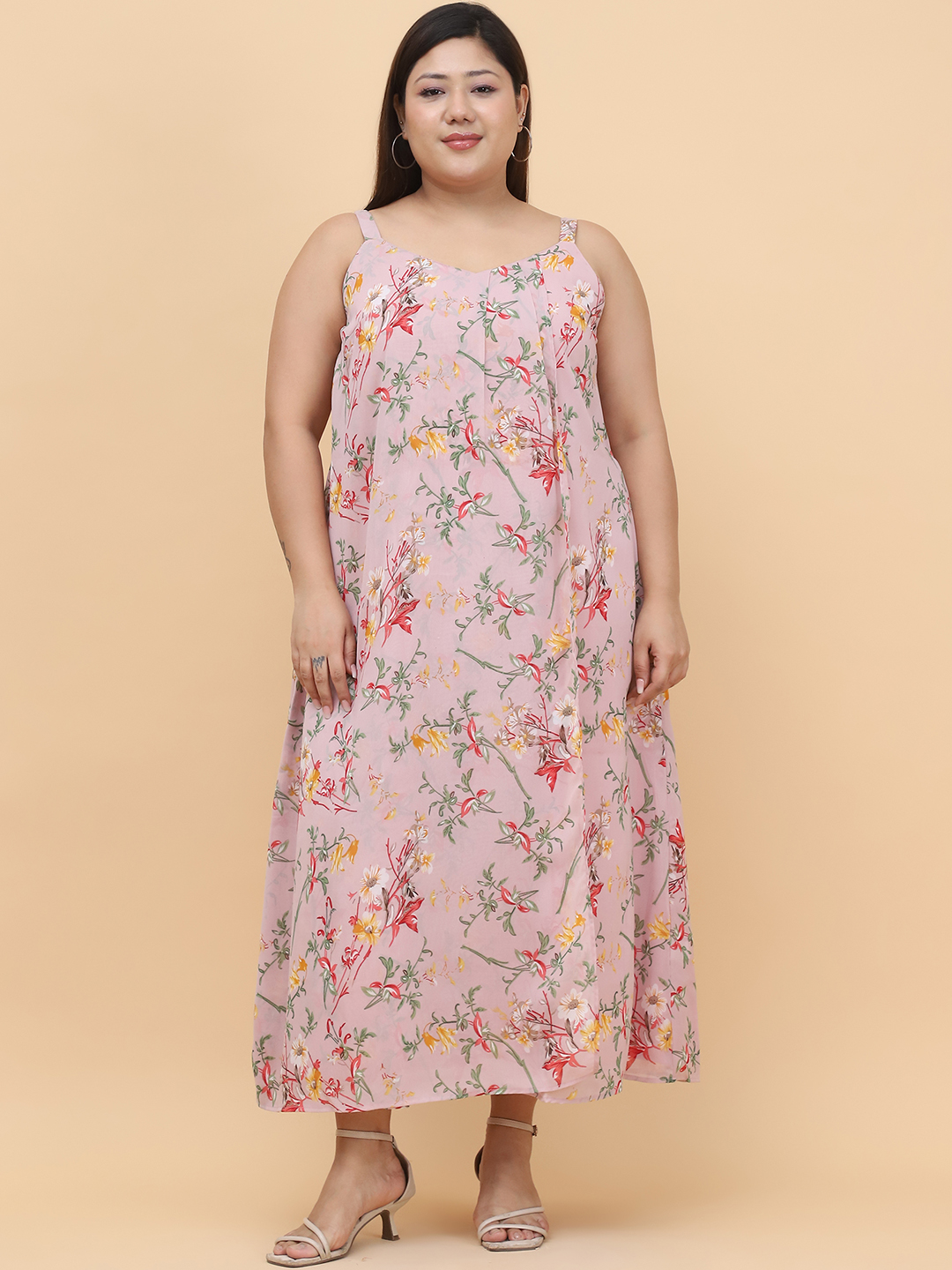 Women's Plus Size Pink Floral Printed A-Line Midi Dress