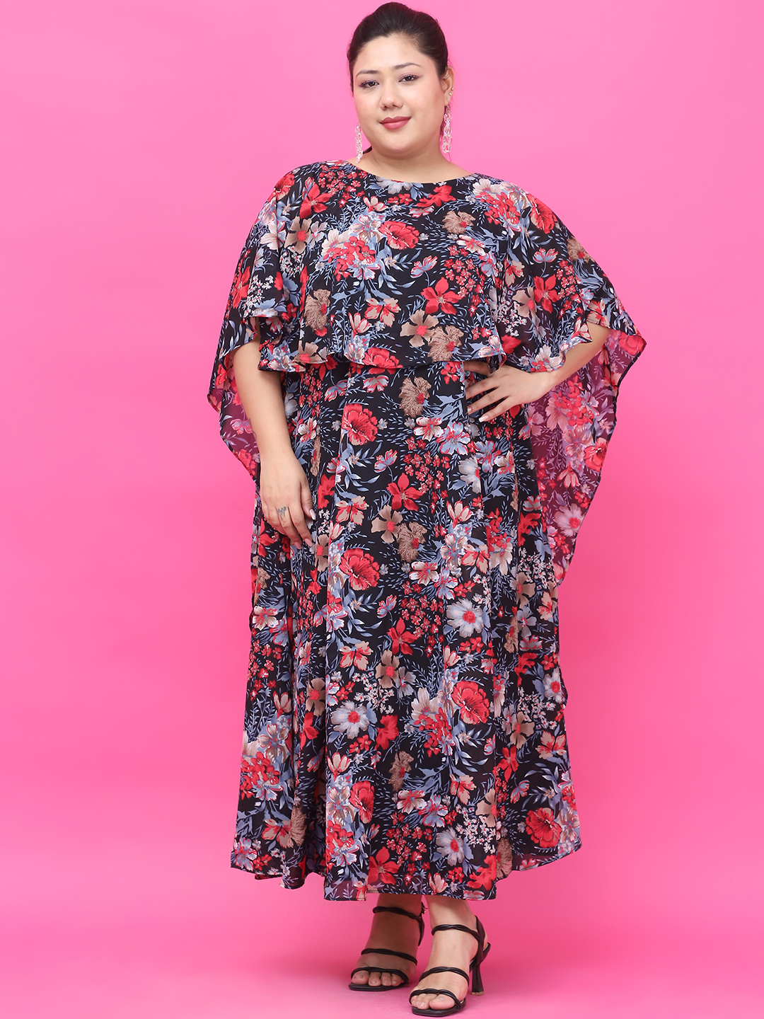 Women's Plus Size Black Red Rose Floral Printed Dress with attached printed Cape