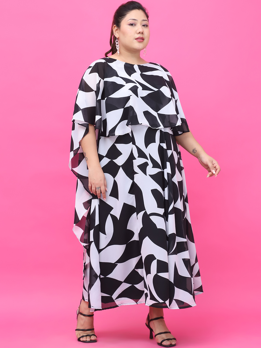 Women's Plus Size Black & White Floral Printed Dress with attached printed Cape