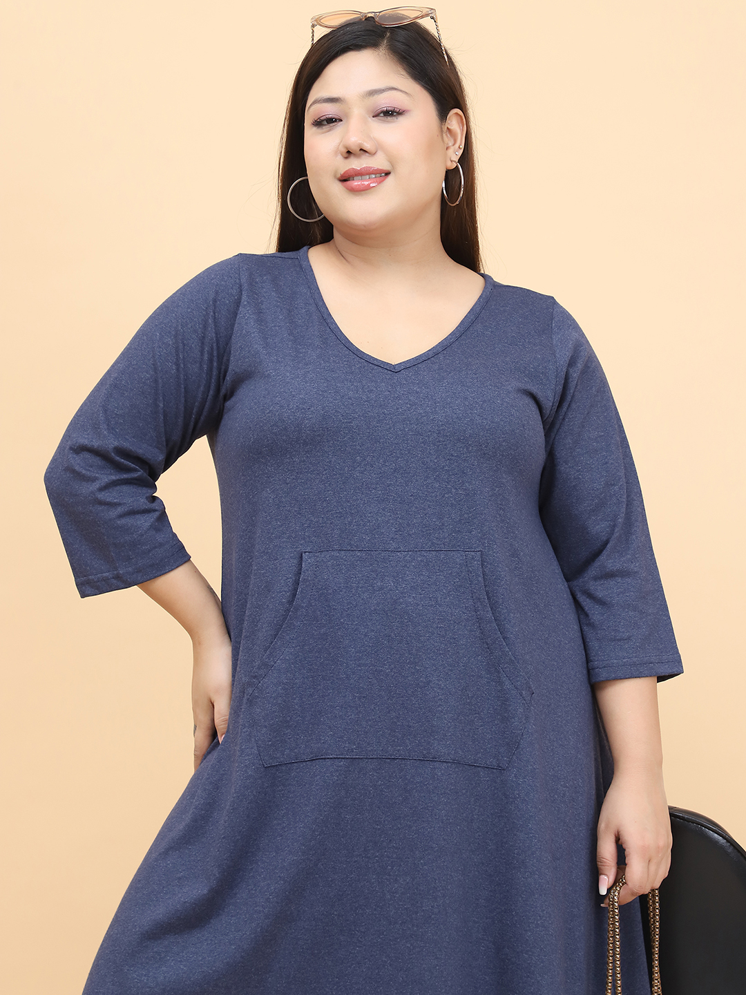 Women's Plus Size Melange Blue Solid Color Cotton Knitted Dress