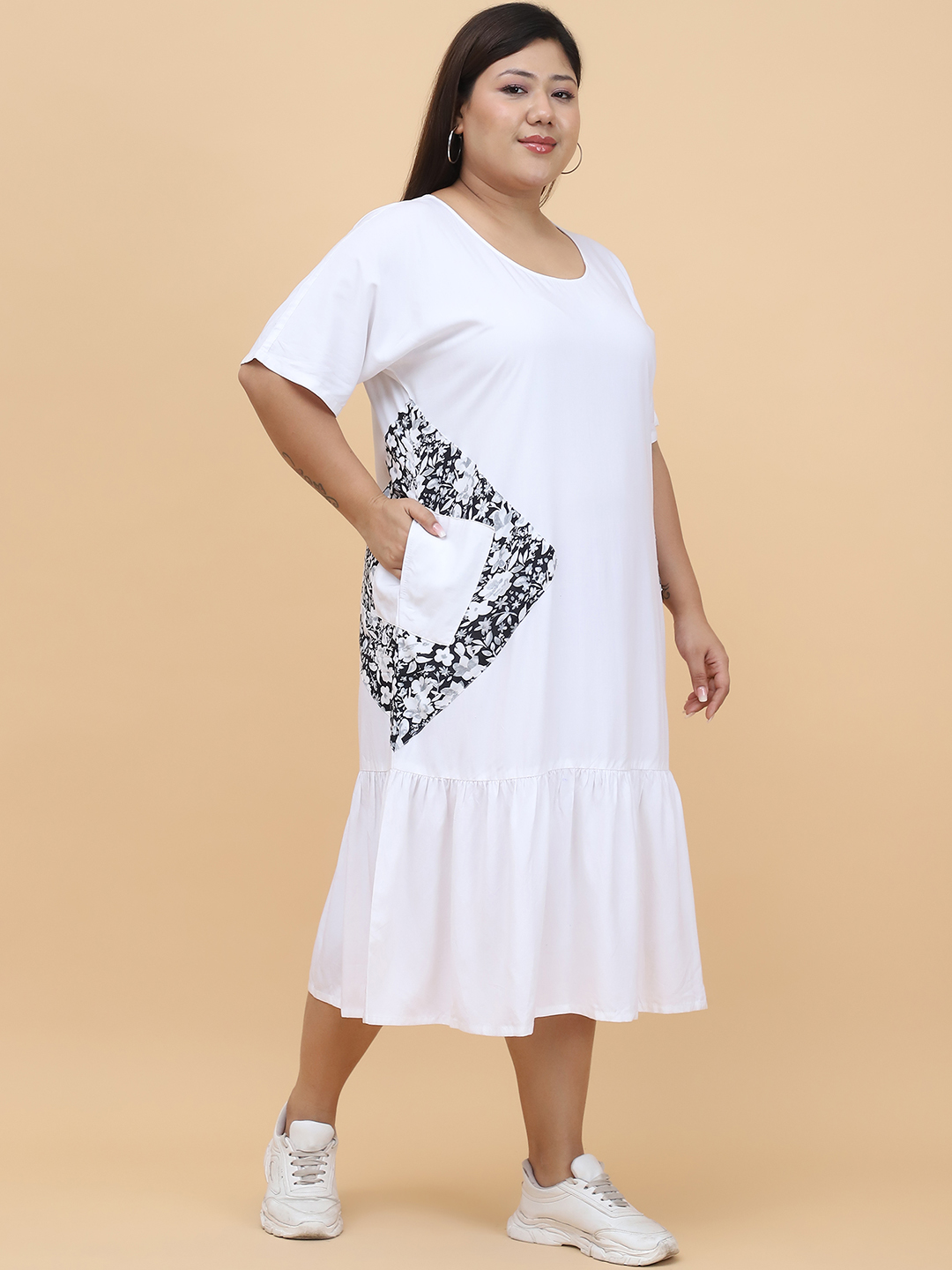 Women's Plus Size White solid color Woven A-Line Dress