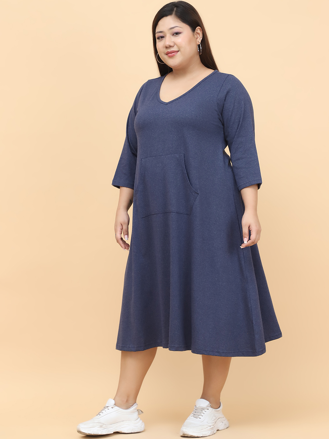 Women's Plus Size Melange Blue Solid Color Cotton Knitted Dress