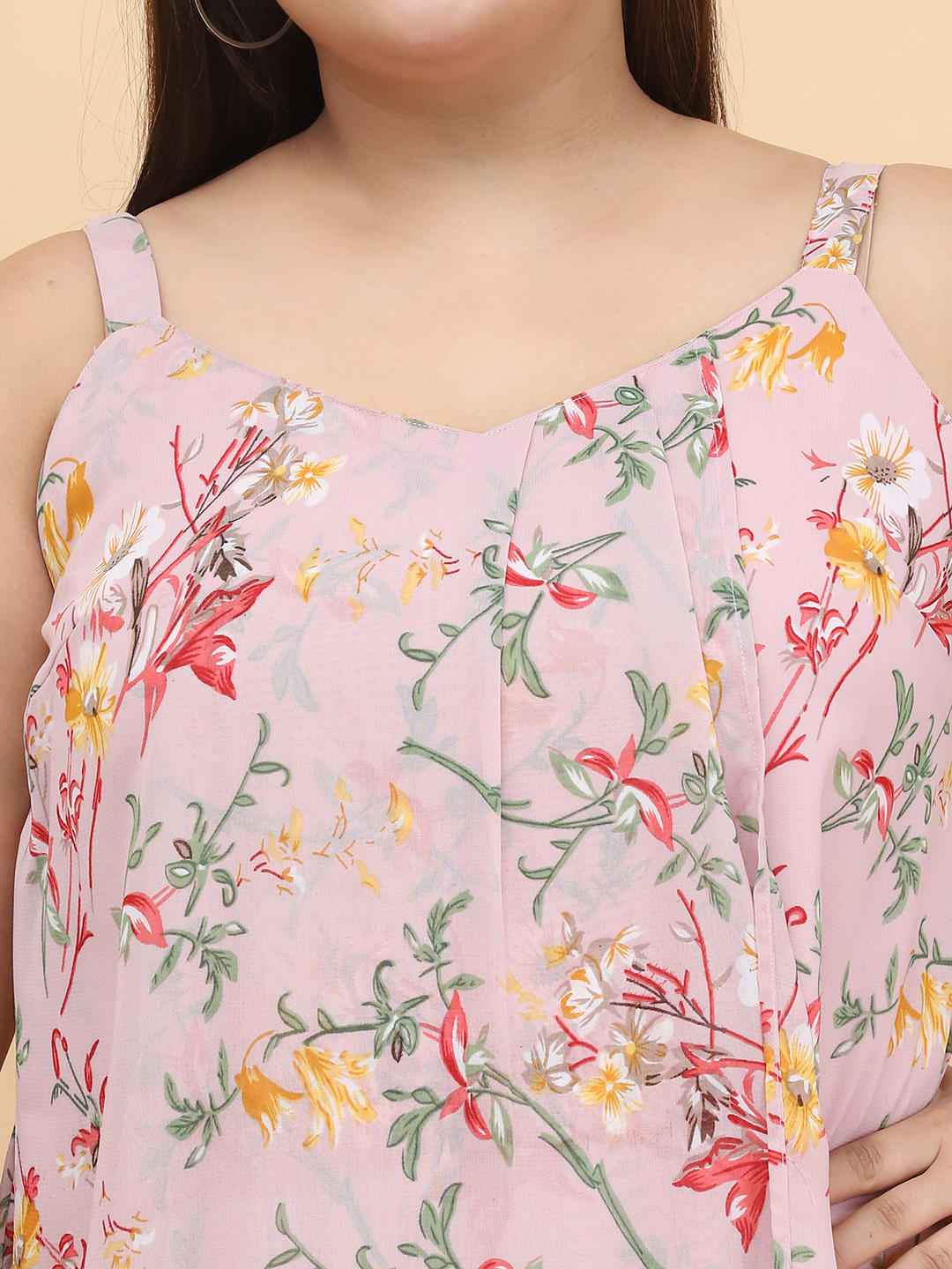 Women's Plus Size Pink Floral Printed A-Line Midi Dress
