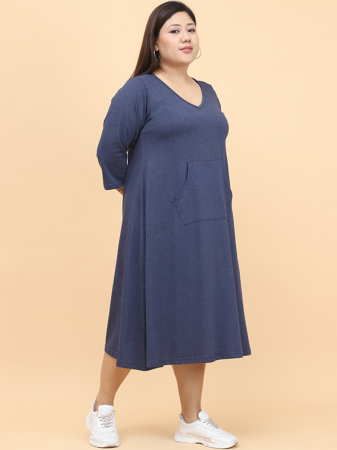 Women's Plus Size Melange Blue Solid Color Cotton Knitted Dress