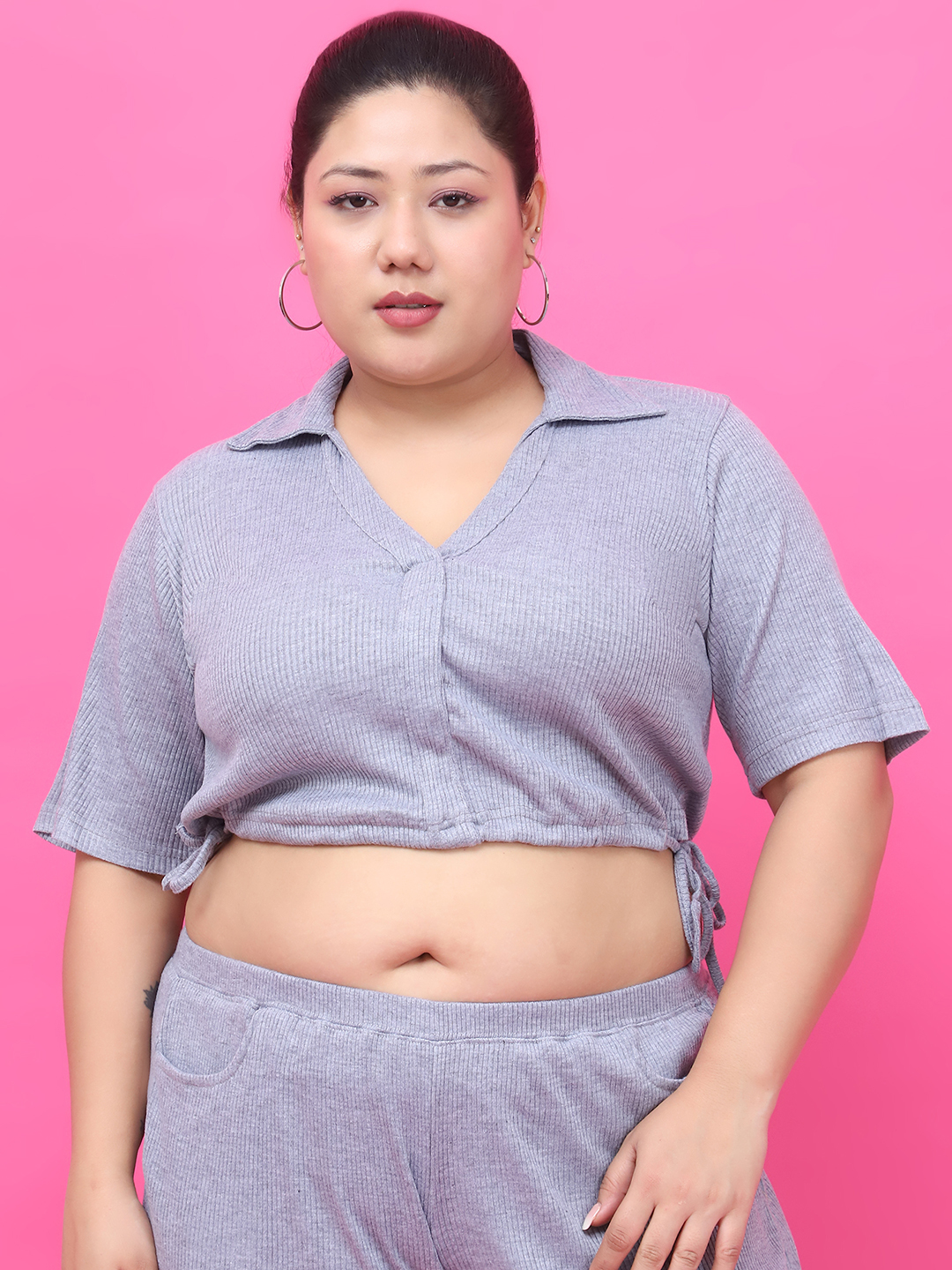 Women's Plus Size Grey Solid Color Cotton Knitted Rib Crop Top
