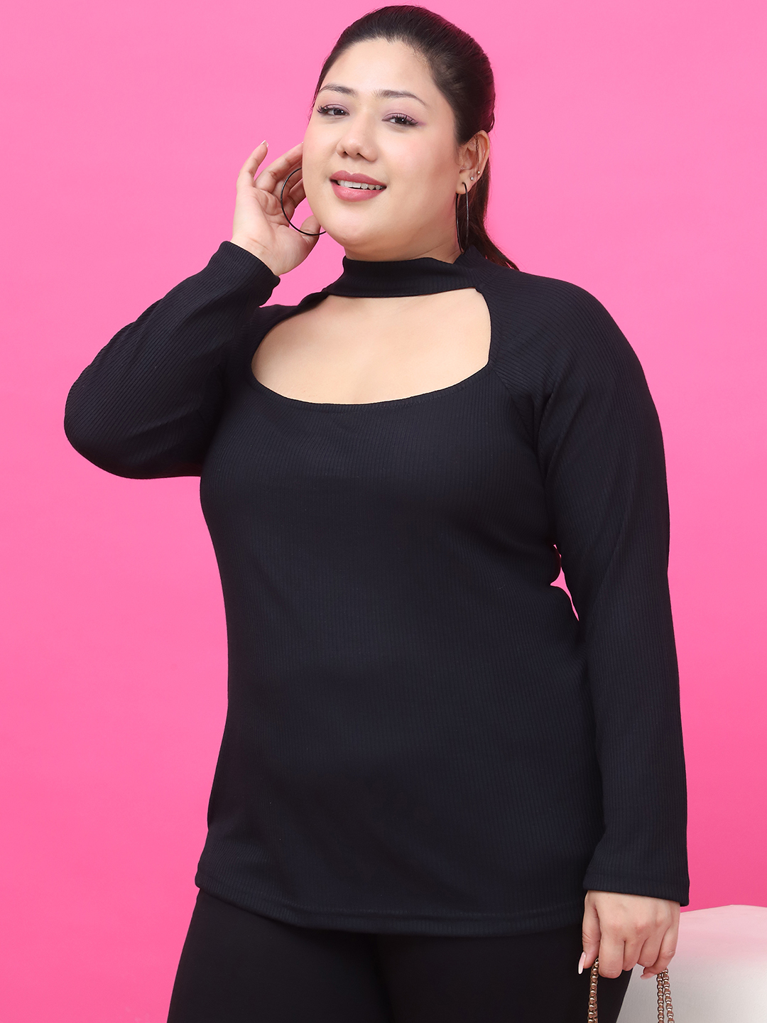 Women's Plus Size Black solid color cotton rib top