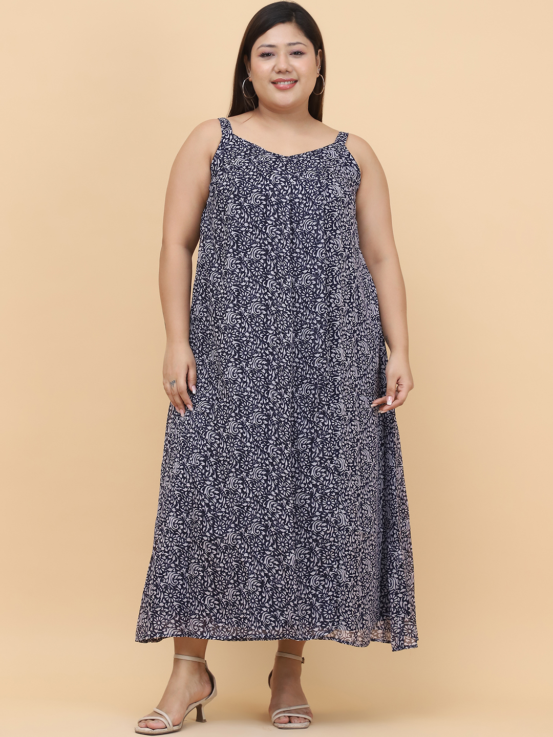 Women's Plus Size Navy Blue Floral Printed A-Line Midi Dress