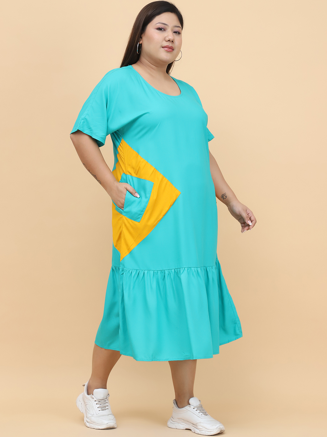 Women's Plus Size Teal solid color Woven A-Line Dress