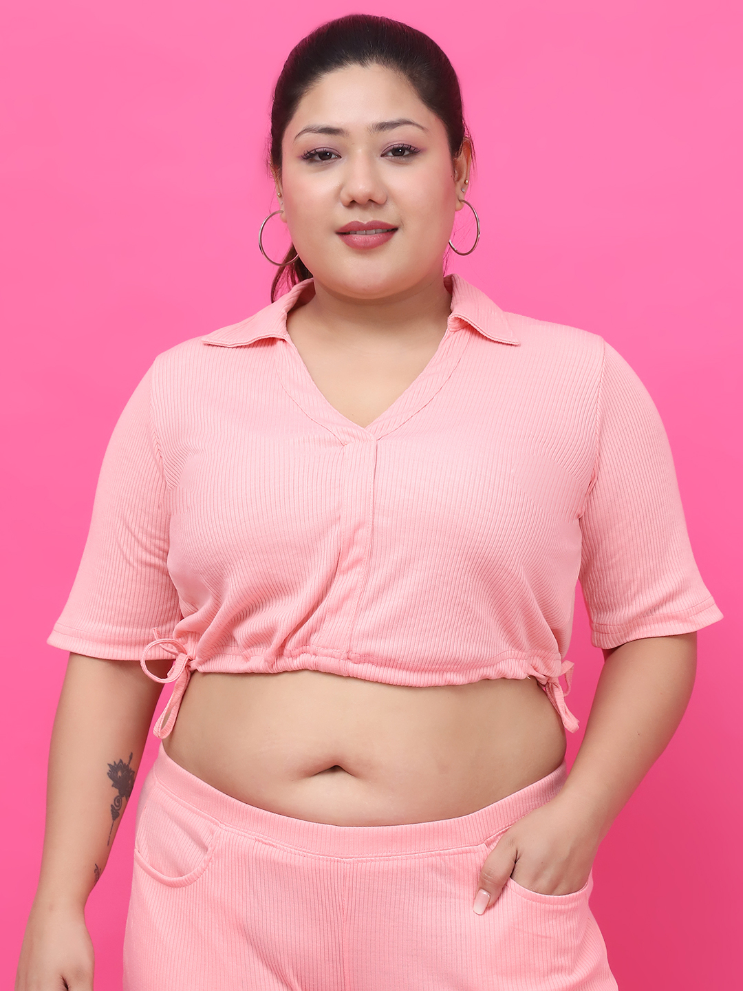 Women's Plus Size Pink Solid Color Cotton Knitted Rib Crop Top