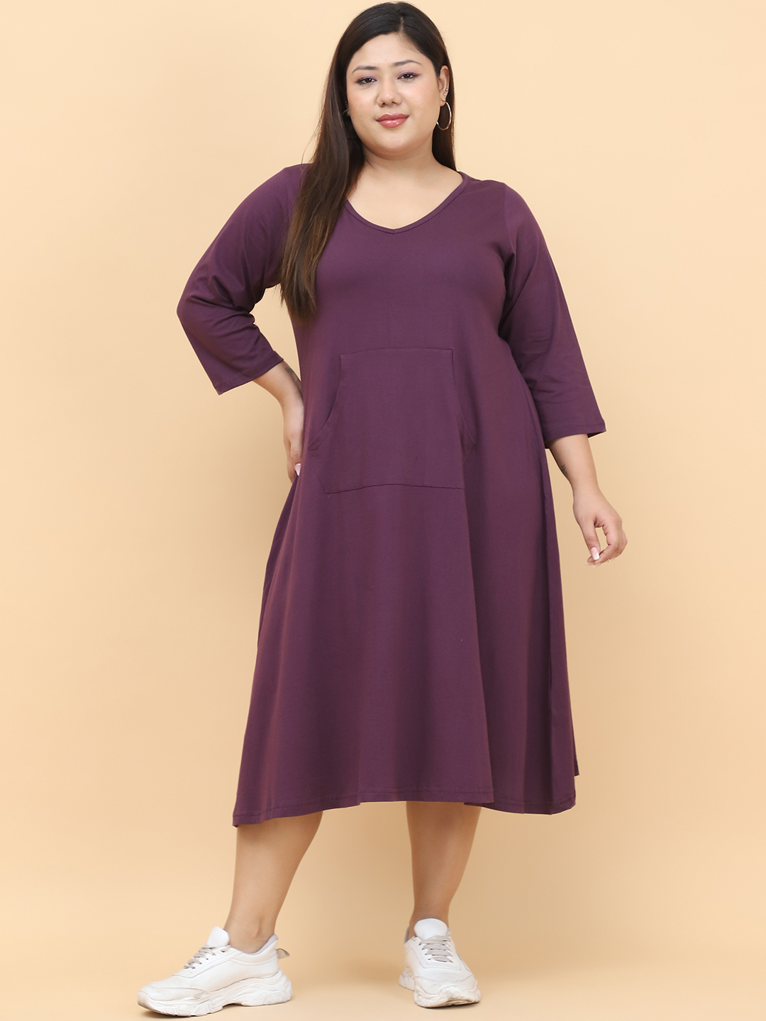 Women's Plus Size Purple Solid Color Cotton Knitted Dress