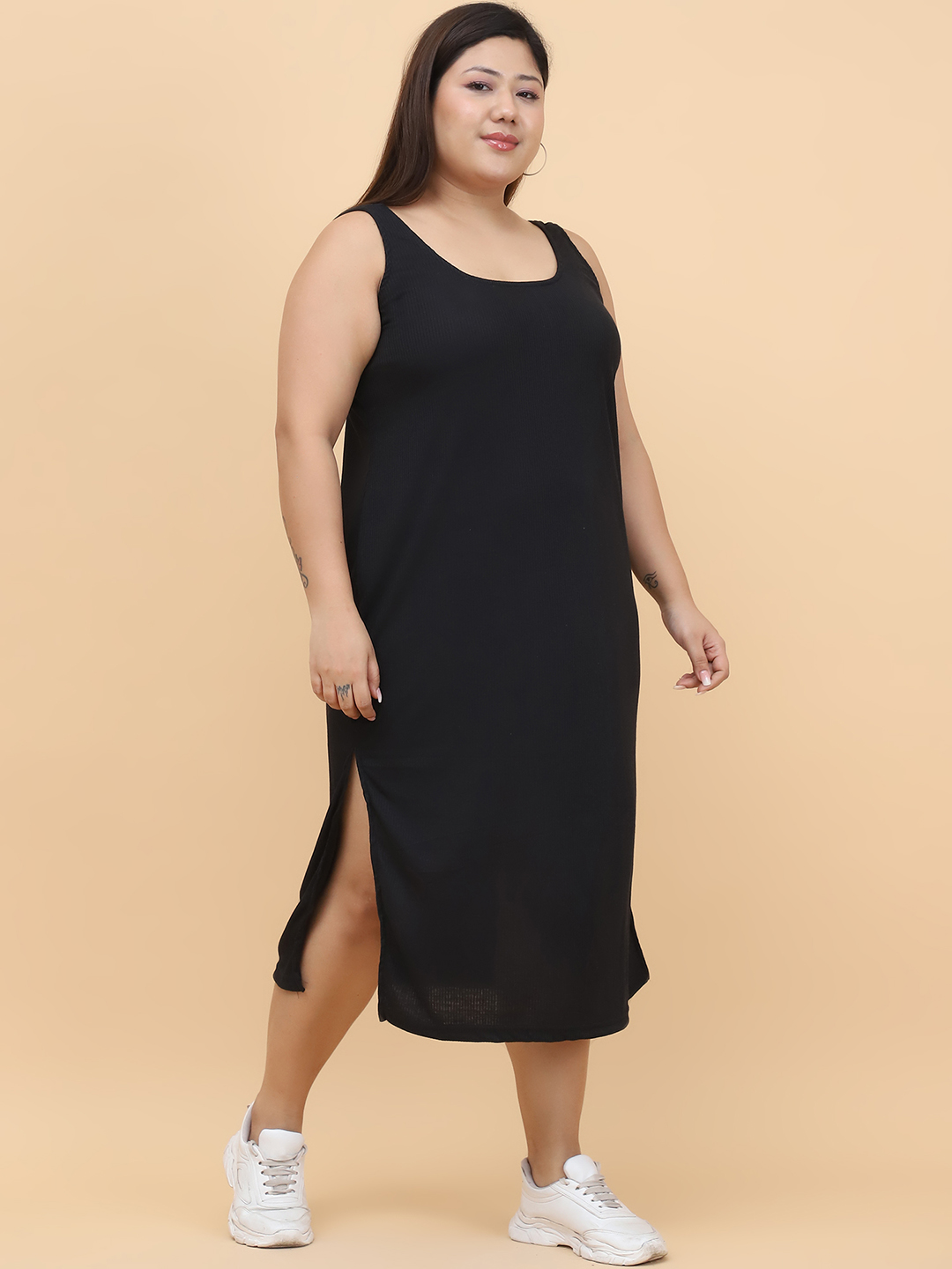 Women's Plus Size Black solid color cotton rib dress