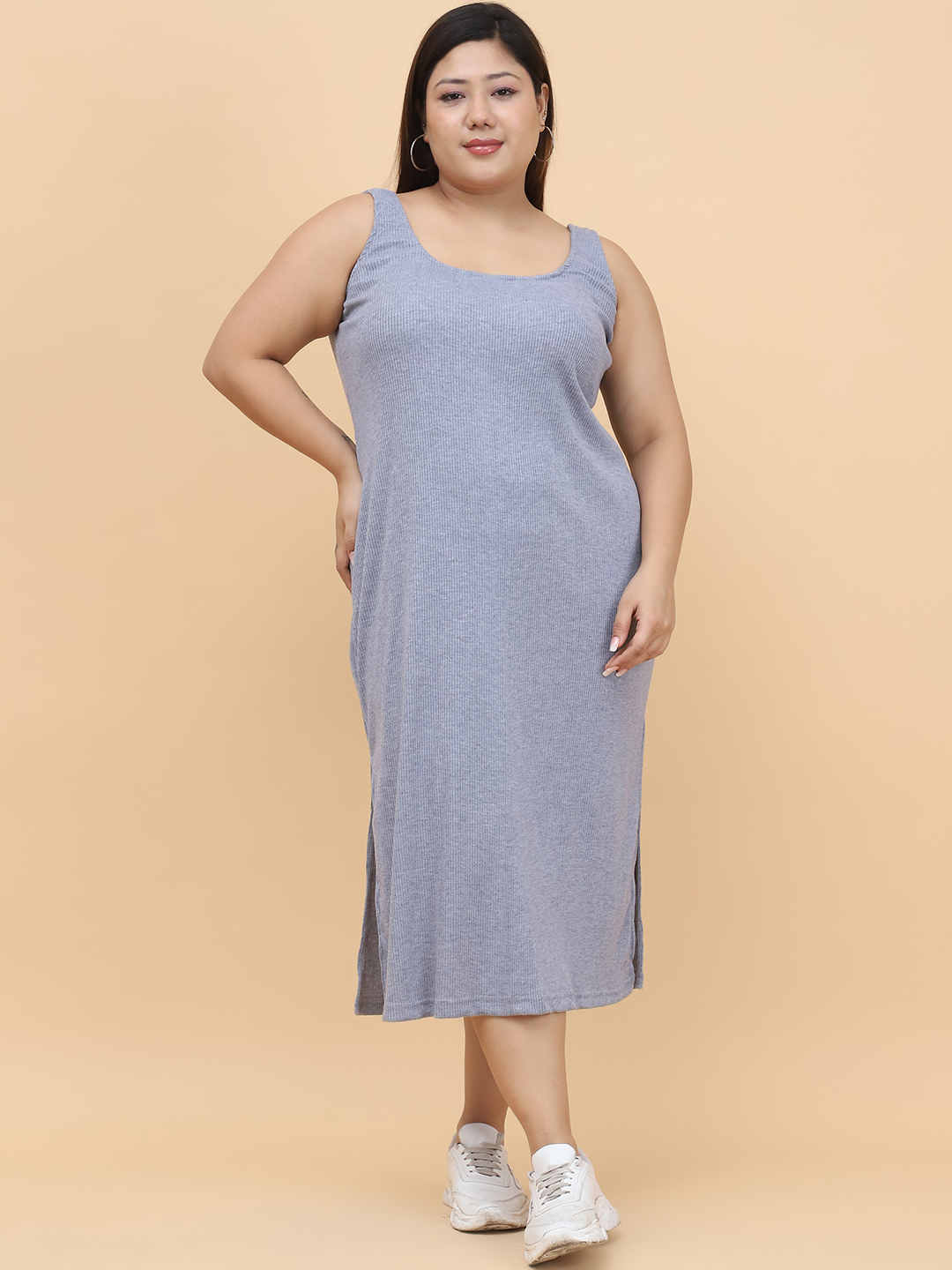 Women's Plus Size Grey solid color cotton rib dress