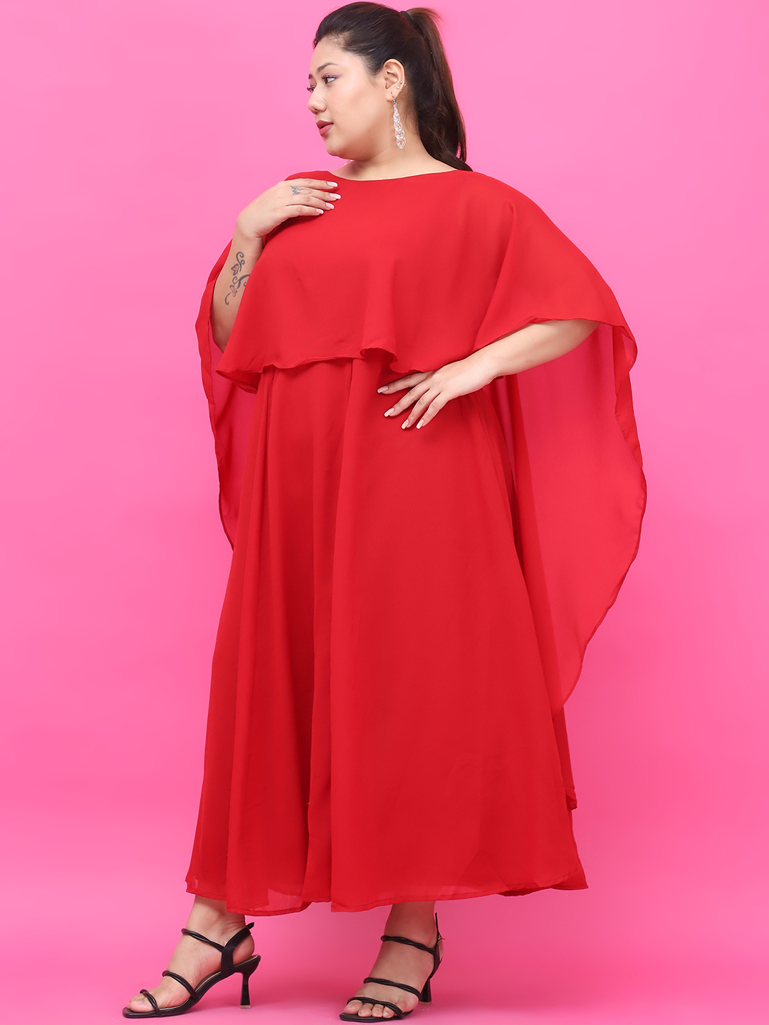 Women's Plus Size Red Solid Color Dress with attached solid color Cape