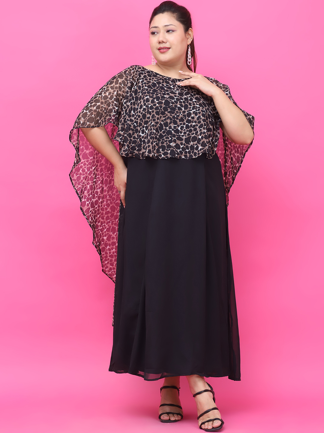 Women's Plus Size Black Solid Color Dress with attached Animal Printed Cape
