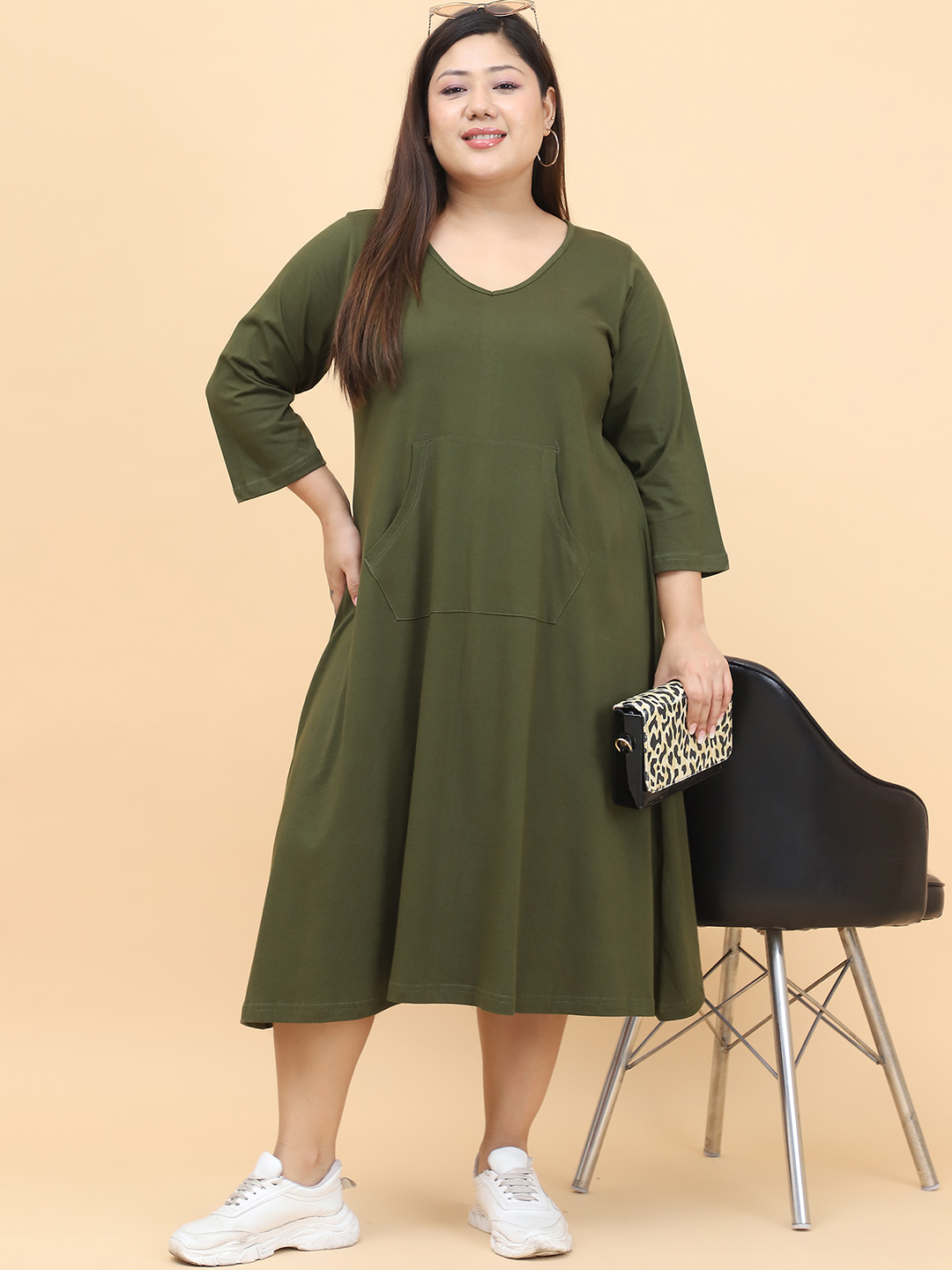 Women's Plus Size Olive Solid Color Cotton Knitted Dress