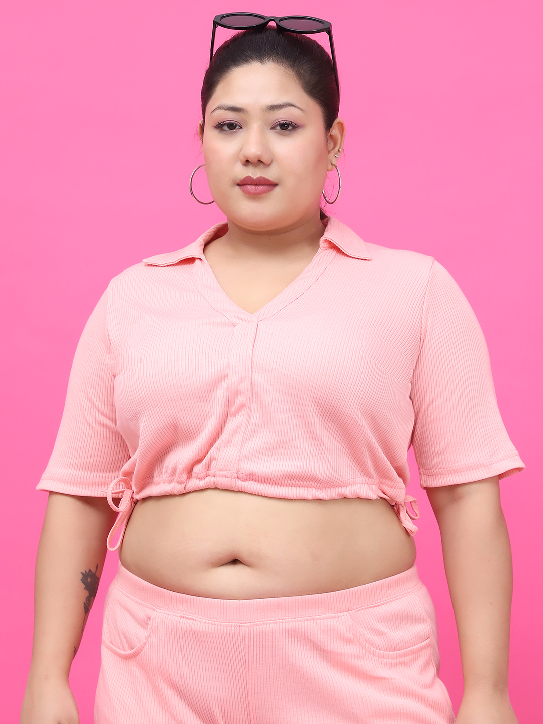 Women's Plus Size Pink Solid Color Cotton Knitted Rib Crop Top