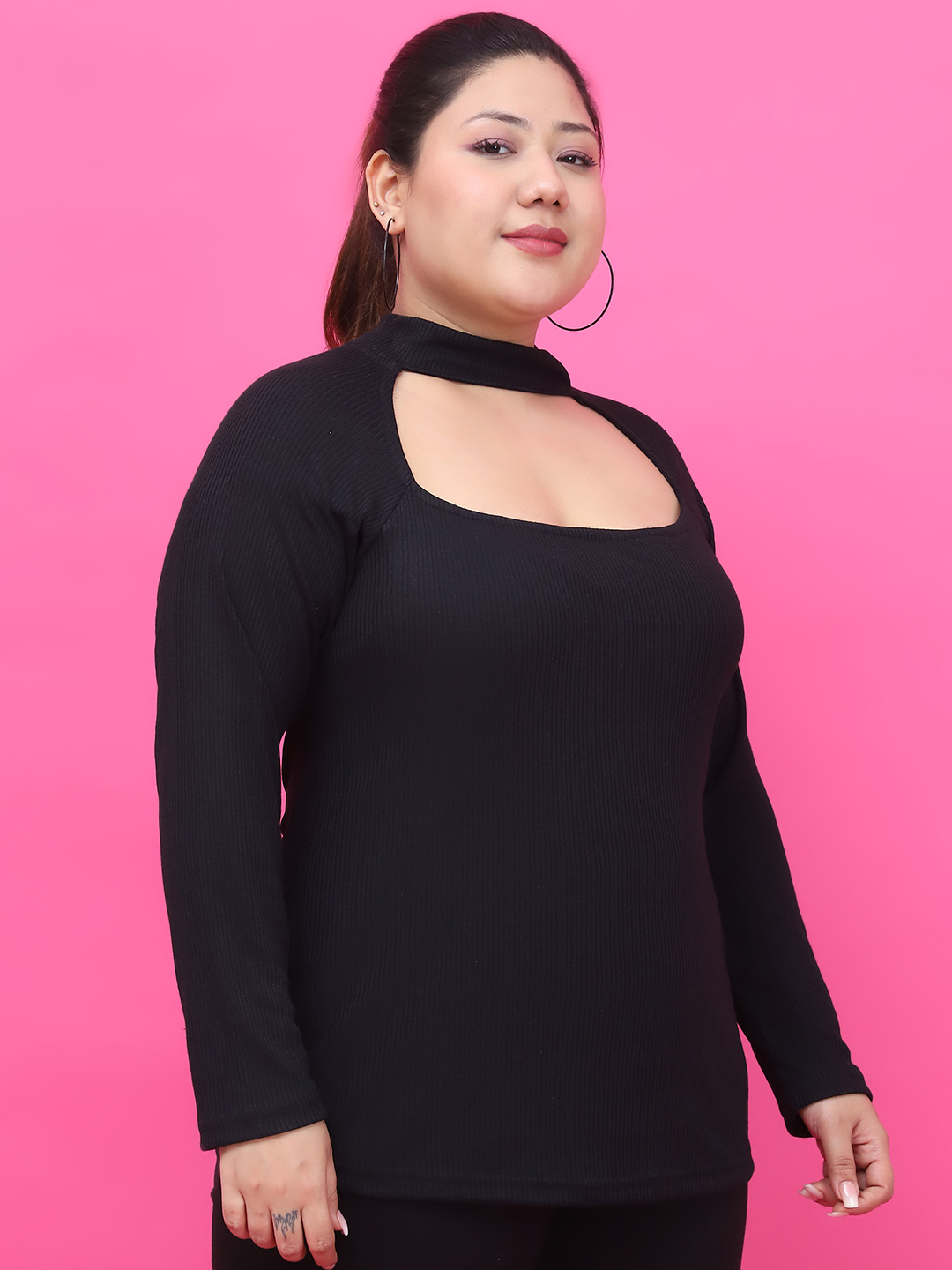 Women's Plus Size Black solid color cotton rib top