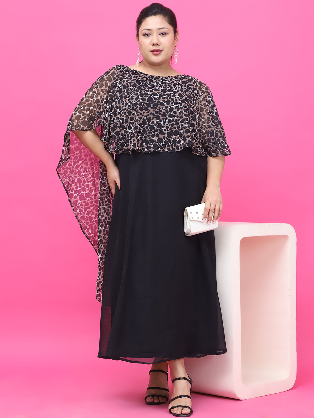 Women's Plus Size Black Solid Color Dress with attached Animal Printed Cape