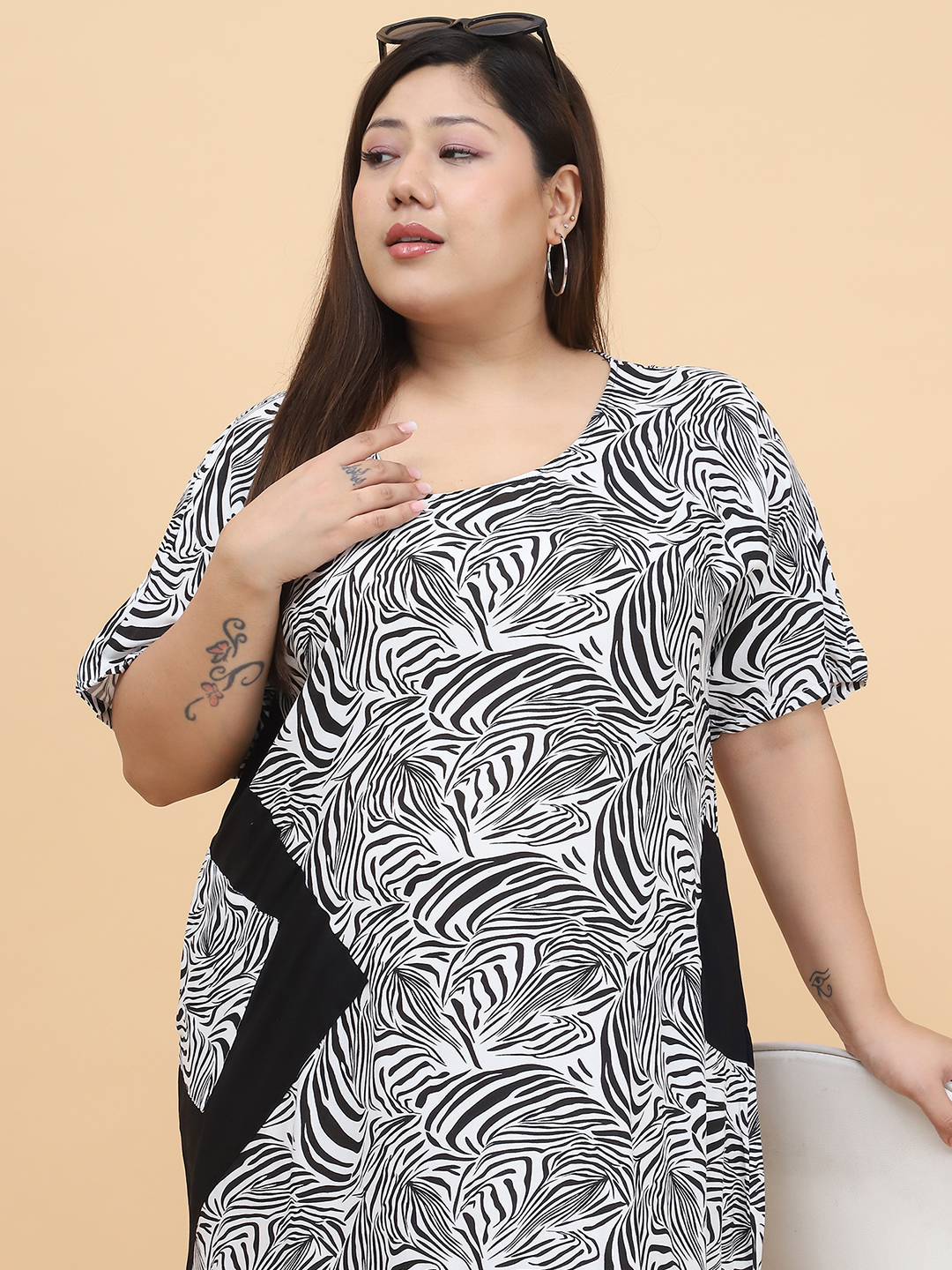 Women's Plus Size Black & White Zebra Printed Woven A-Line Dress