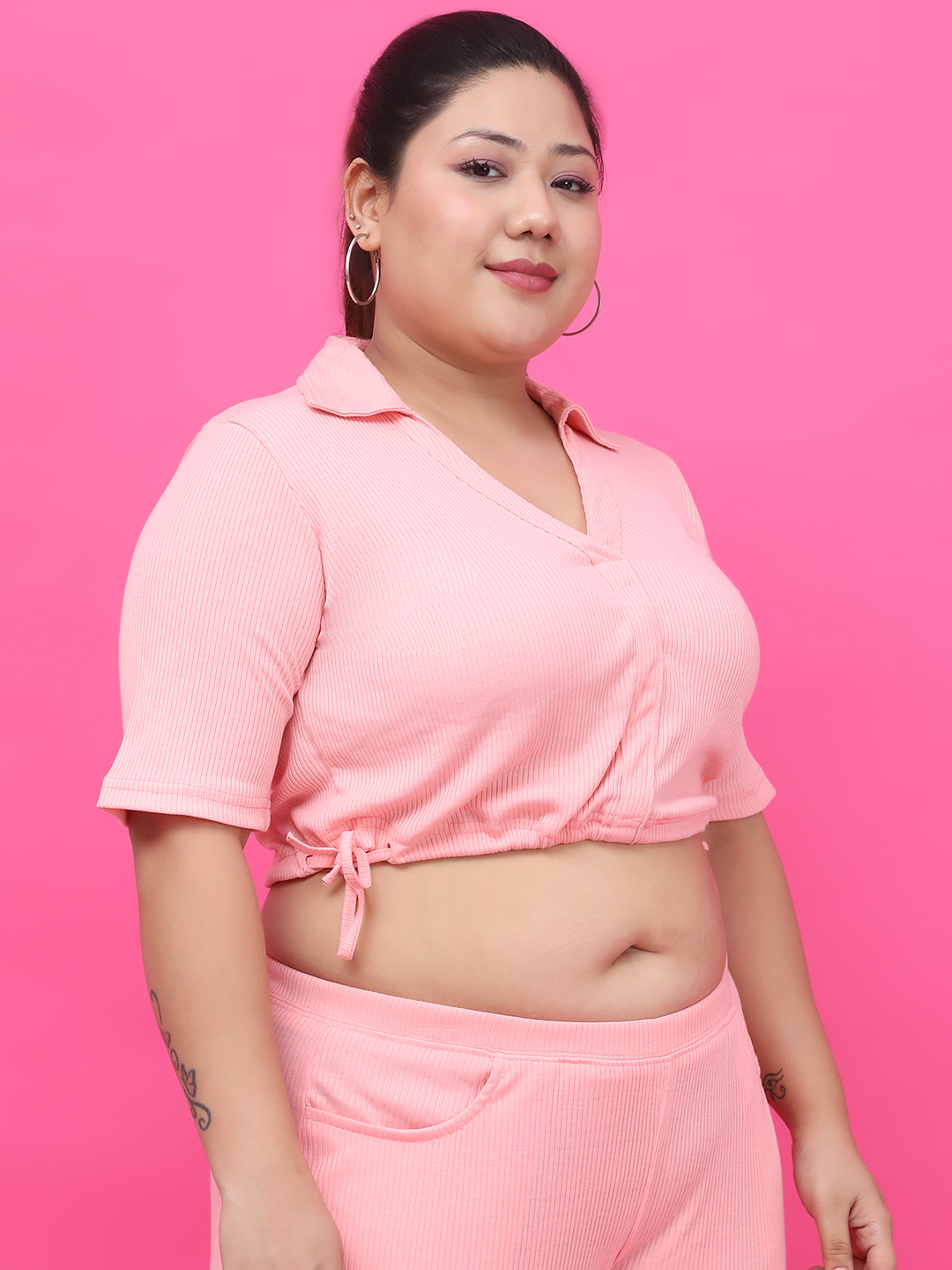 Women's Plus Size Pink Solid Color Cotton Knitted Rib Crop Top