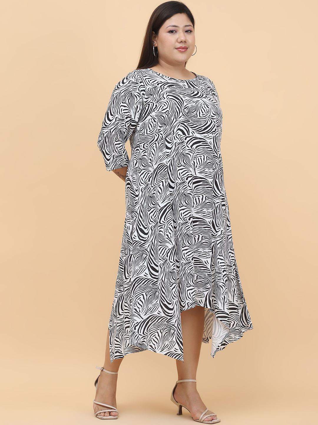 Women's Plus Size Black & White Zebra Printed A-Line Midi Dress