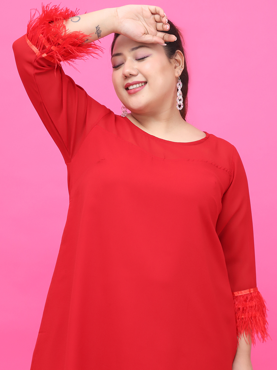 Women's Plus Size Red Solid Color Georgette Dress with attached crepe Lining