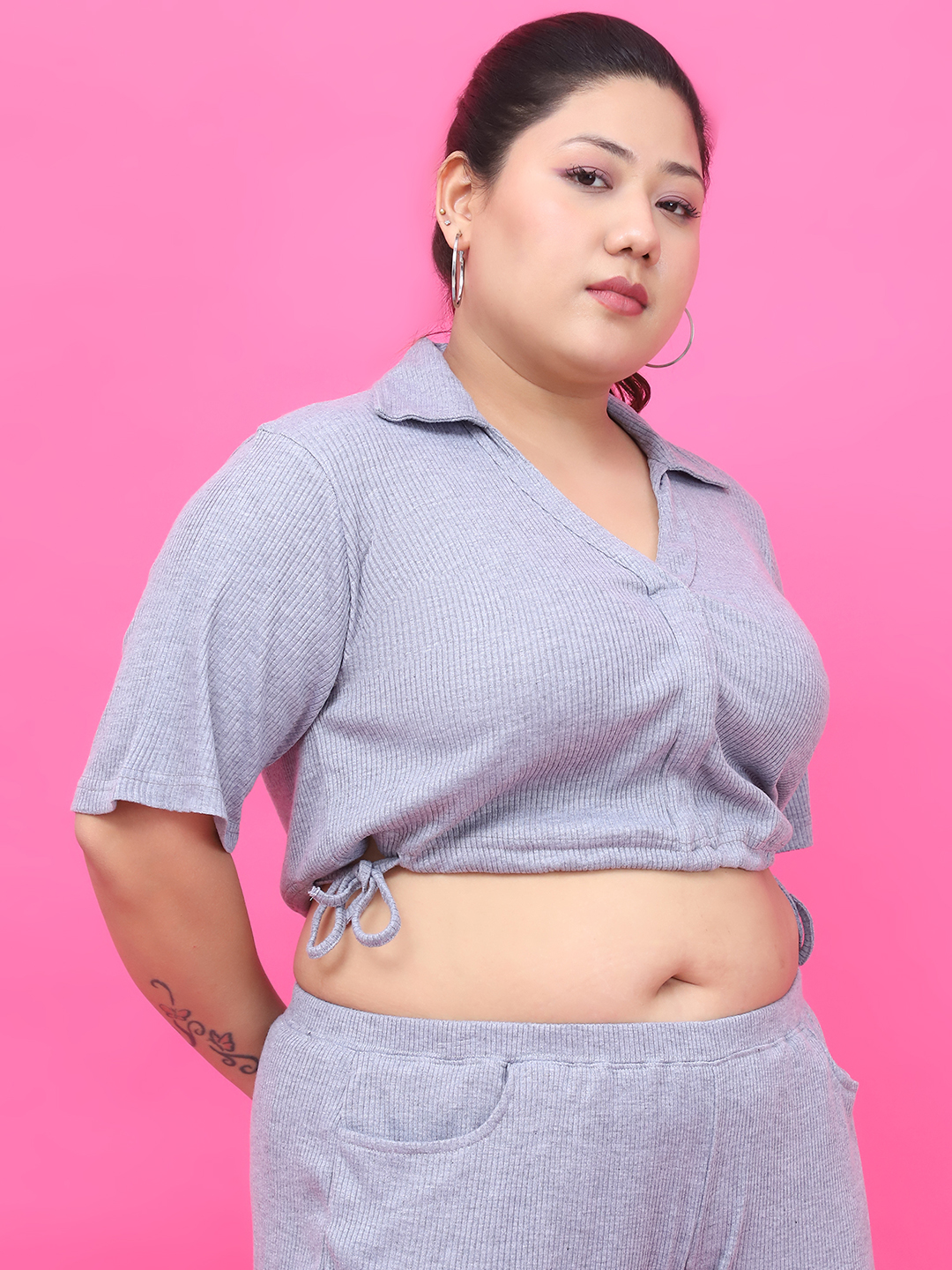 Women's Plus Size Grey Solid Color Cotton Knitted Rib Crop Top