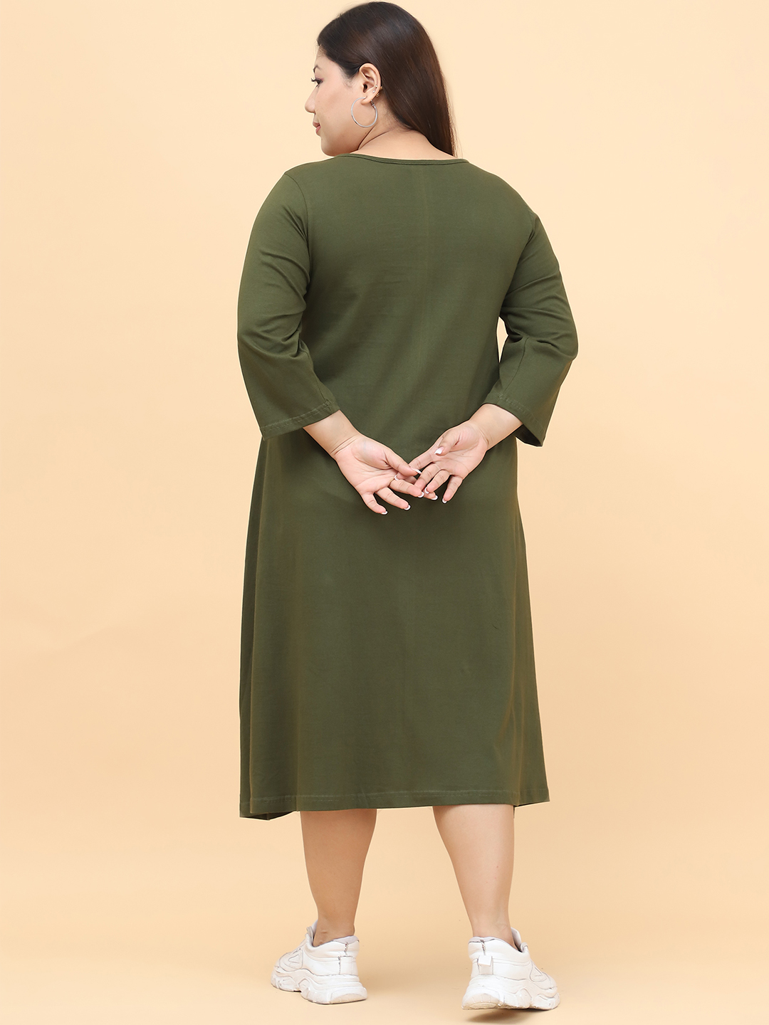 Women's Plus Size Olive Solid Color Cotton Knitted Dress
