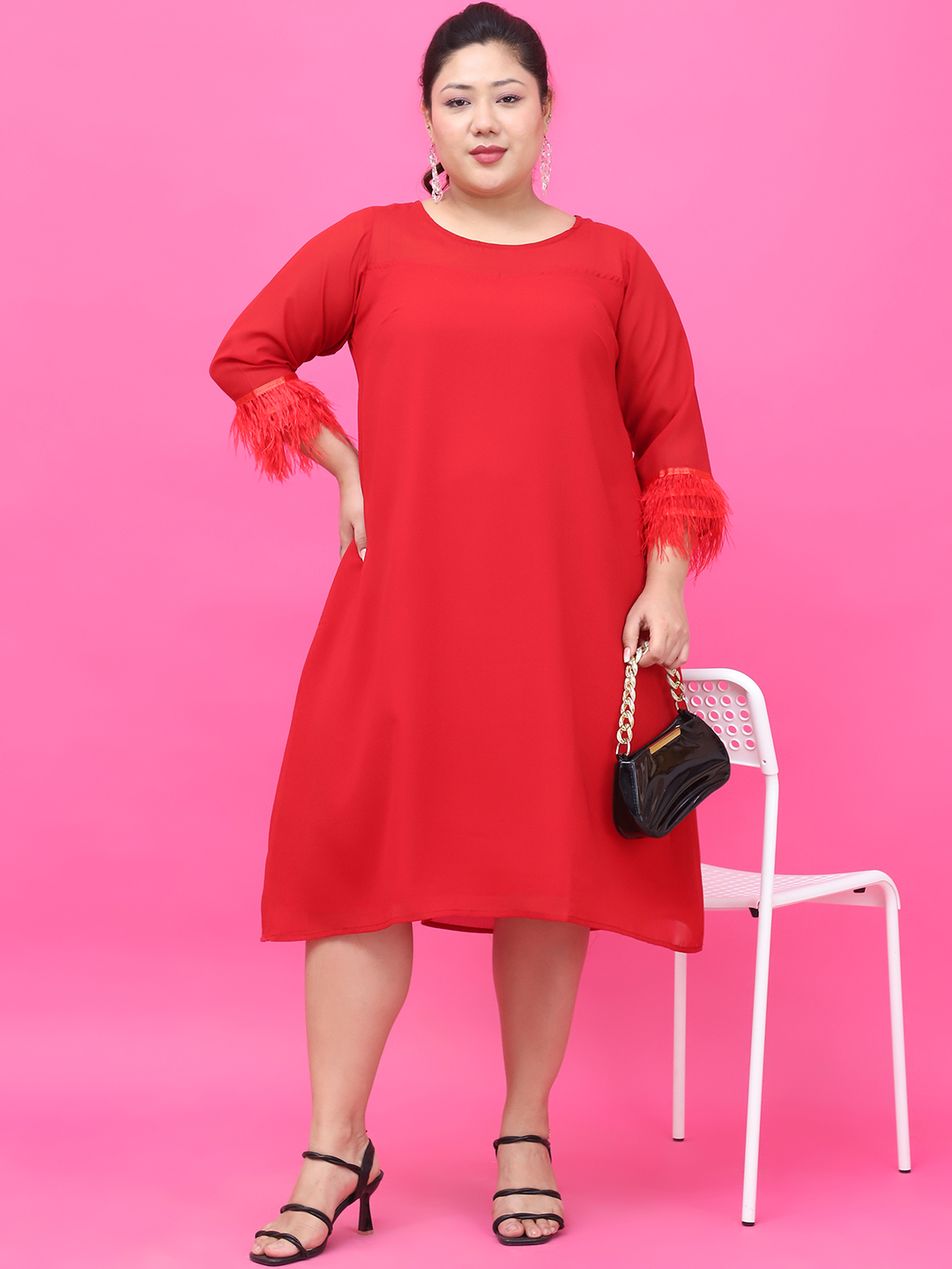 Women's Plus Size Red Solid Color Georgette Dress with attached crepe Lining