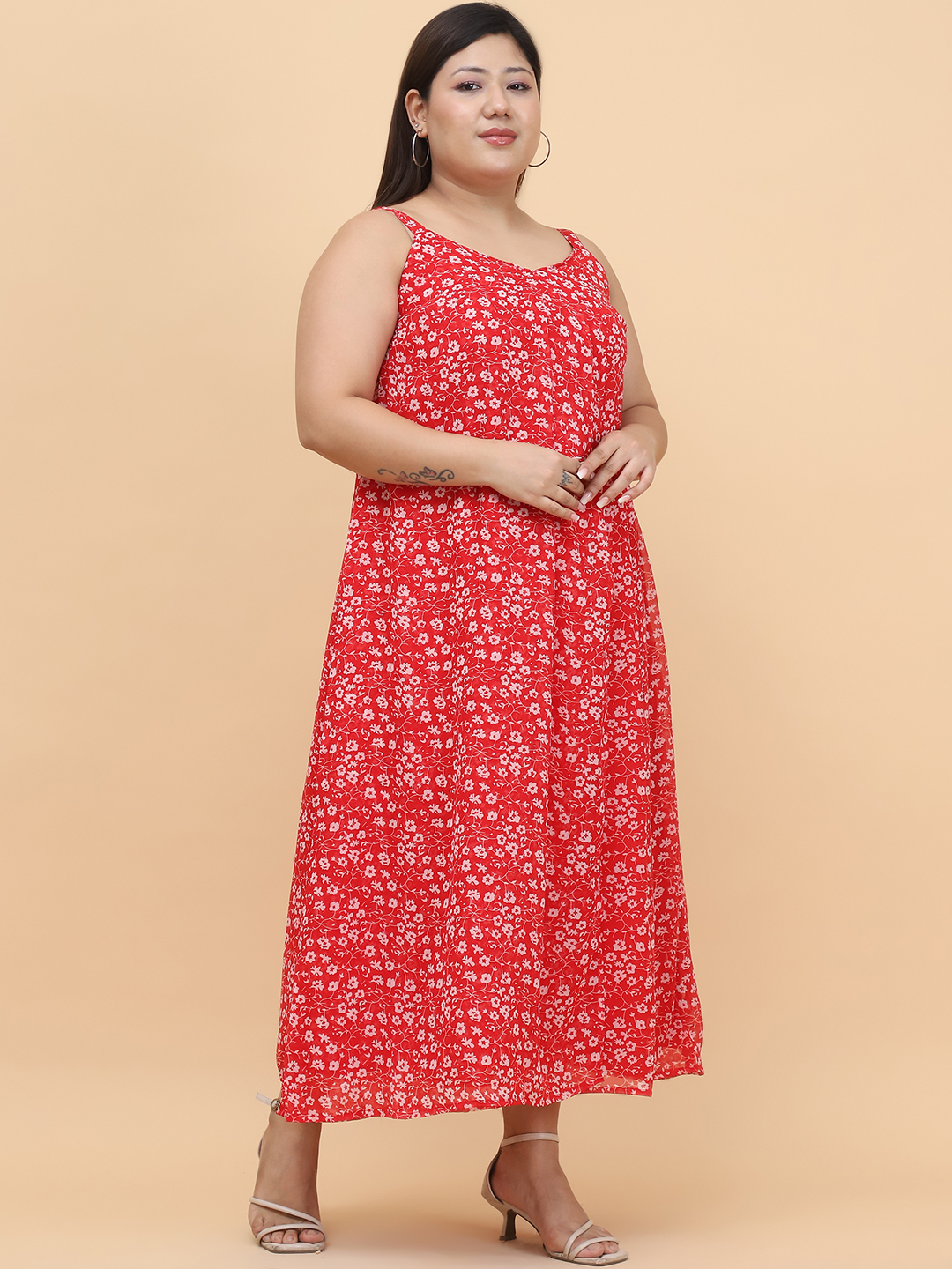 Women's Plus Size Red & White Floral Printed A-Line Midi Dress