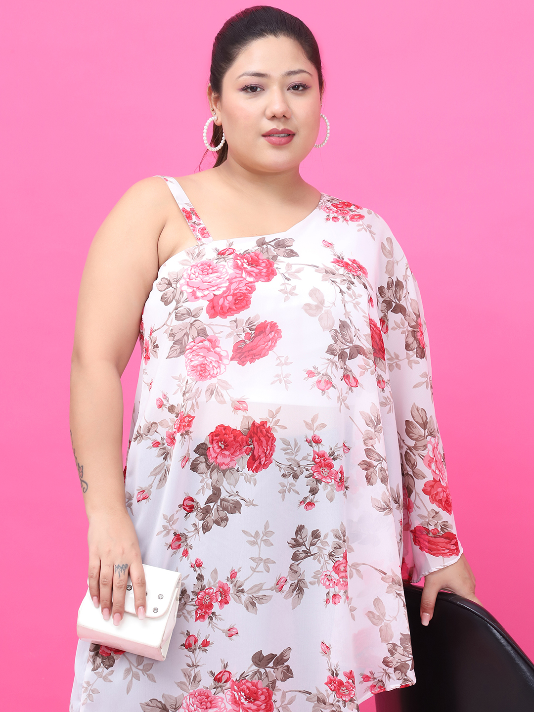Women's Plus Size White Red Rose Floral Printed Georgette Top