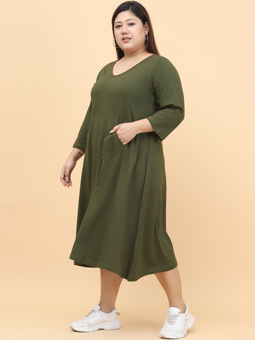 Women's Plus Size Olive Solid Color Cotton Knitted Dress
