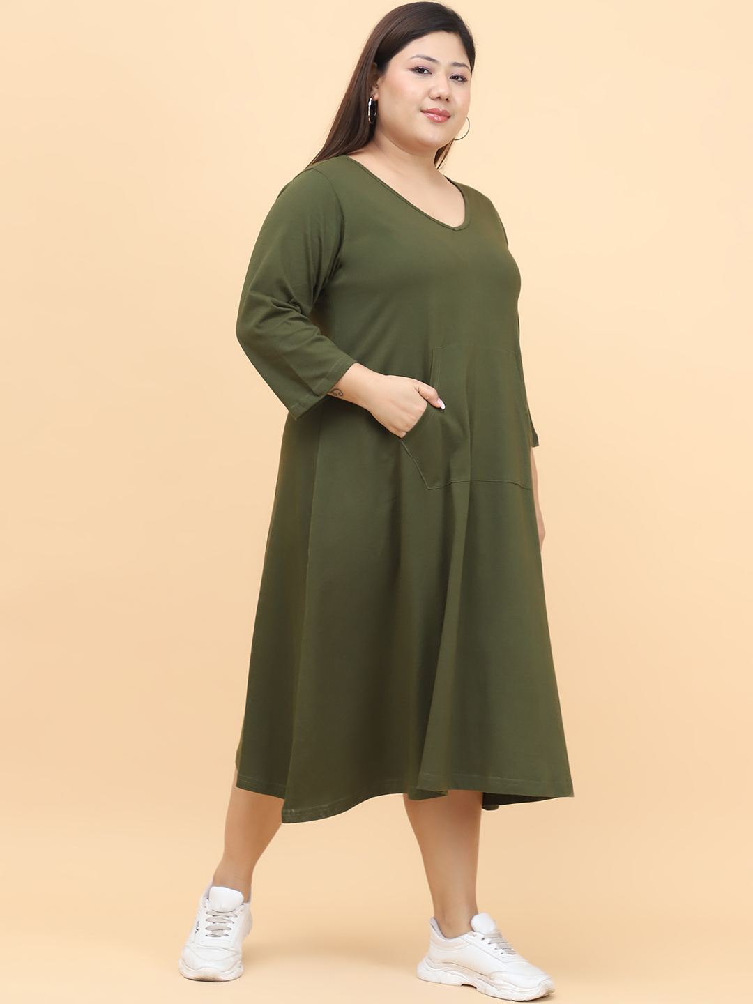 Women's Plus Size Olive Solid Color Cotton Knitted Dress