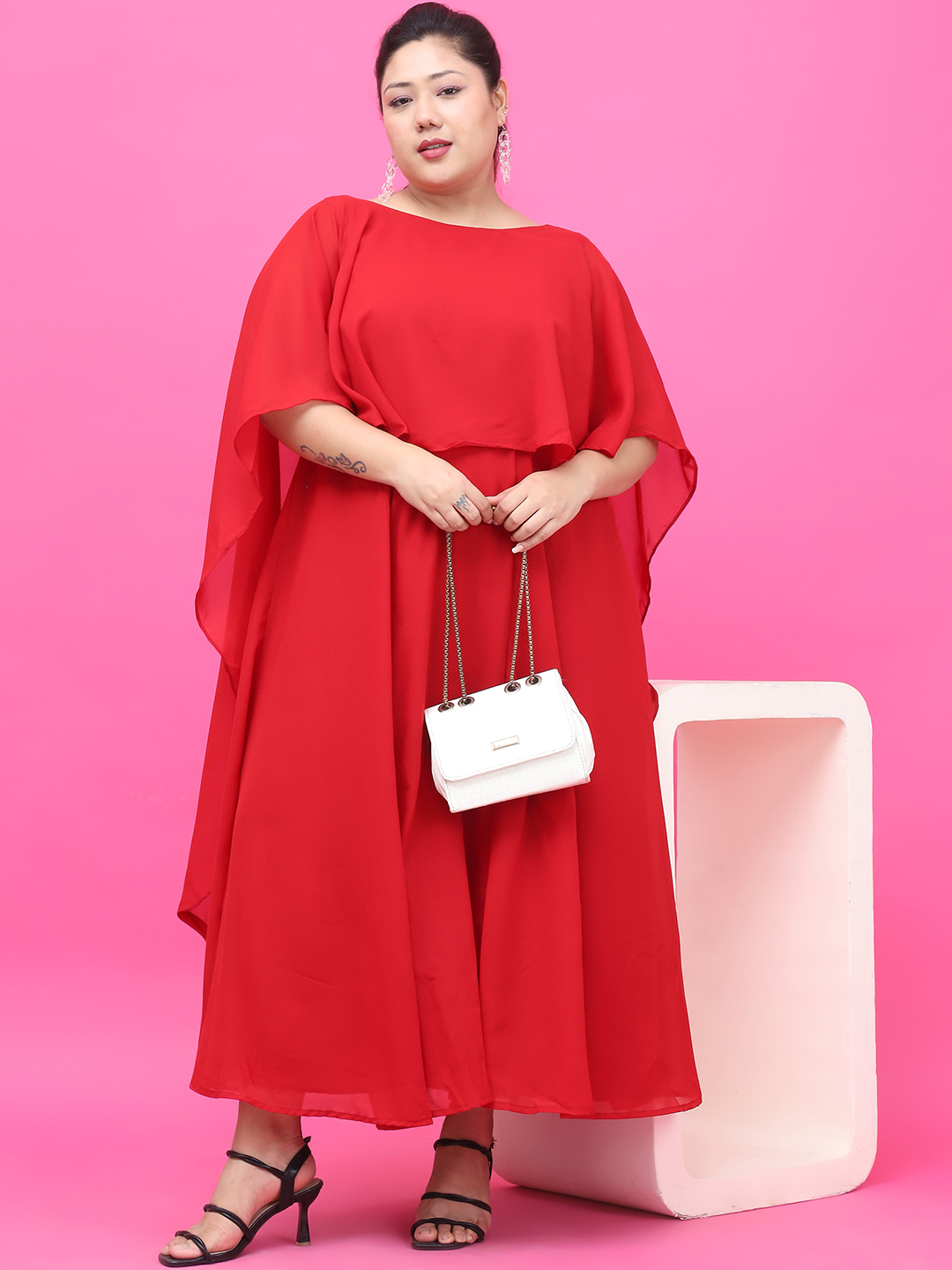 Women's Plus Size Red Solid Color Dress with attached solid color Cape