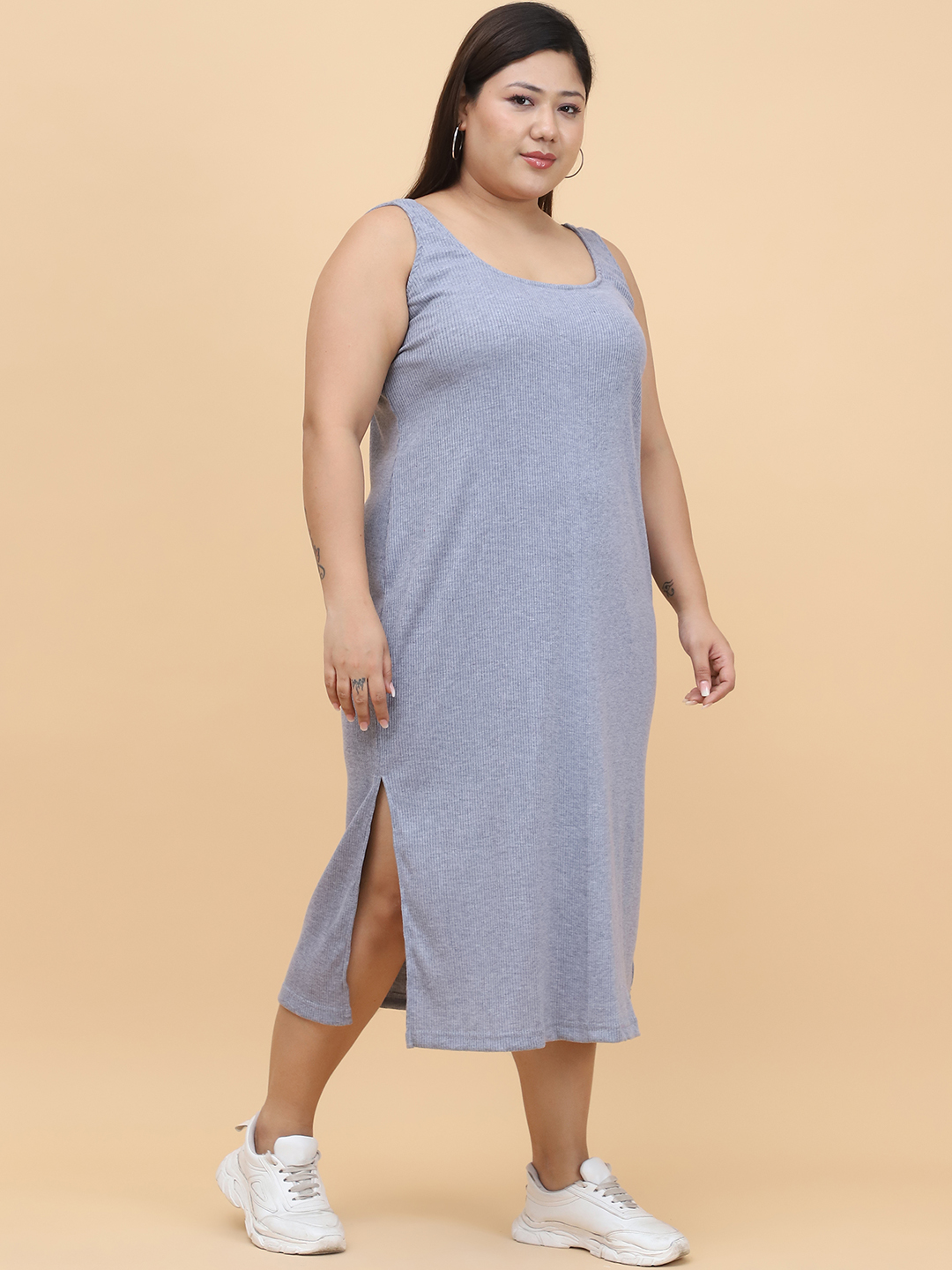 Women's Plus Size Grey solid color cotton rib dress