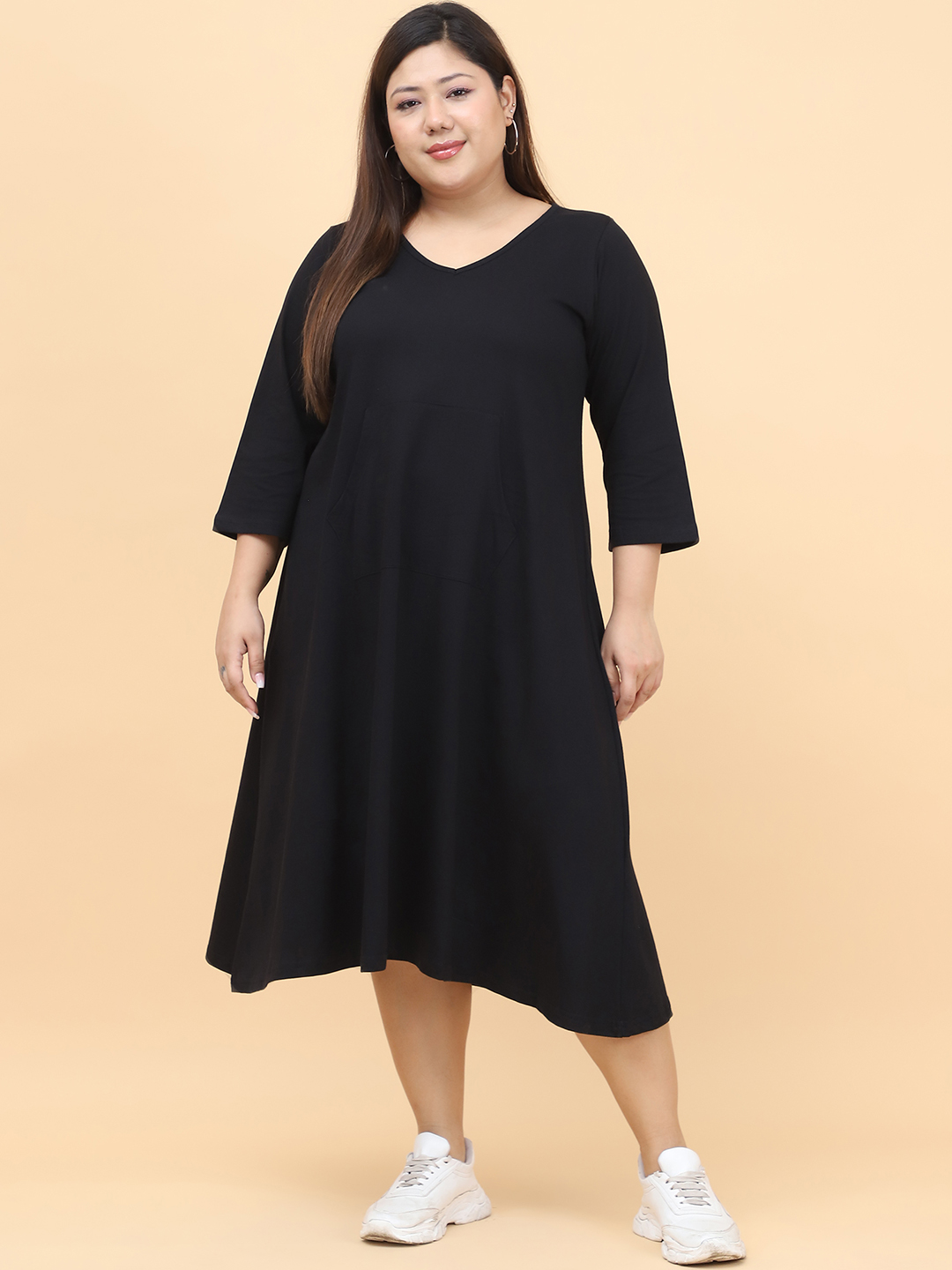 Women's Plus Size Black Solid Color Cotton Knitted Dress
