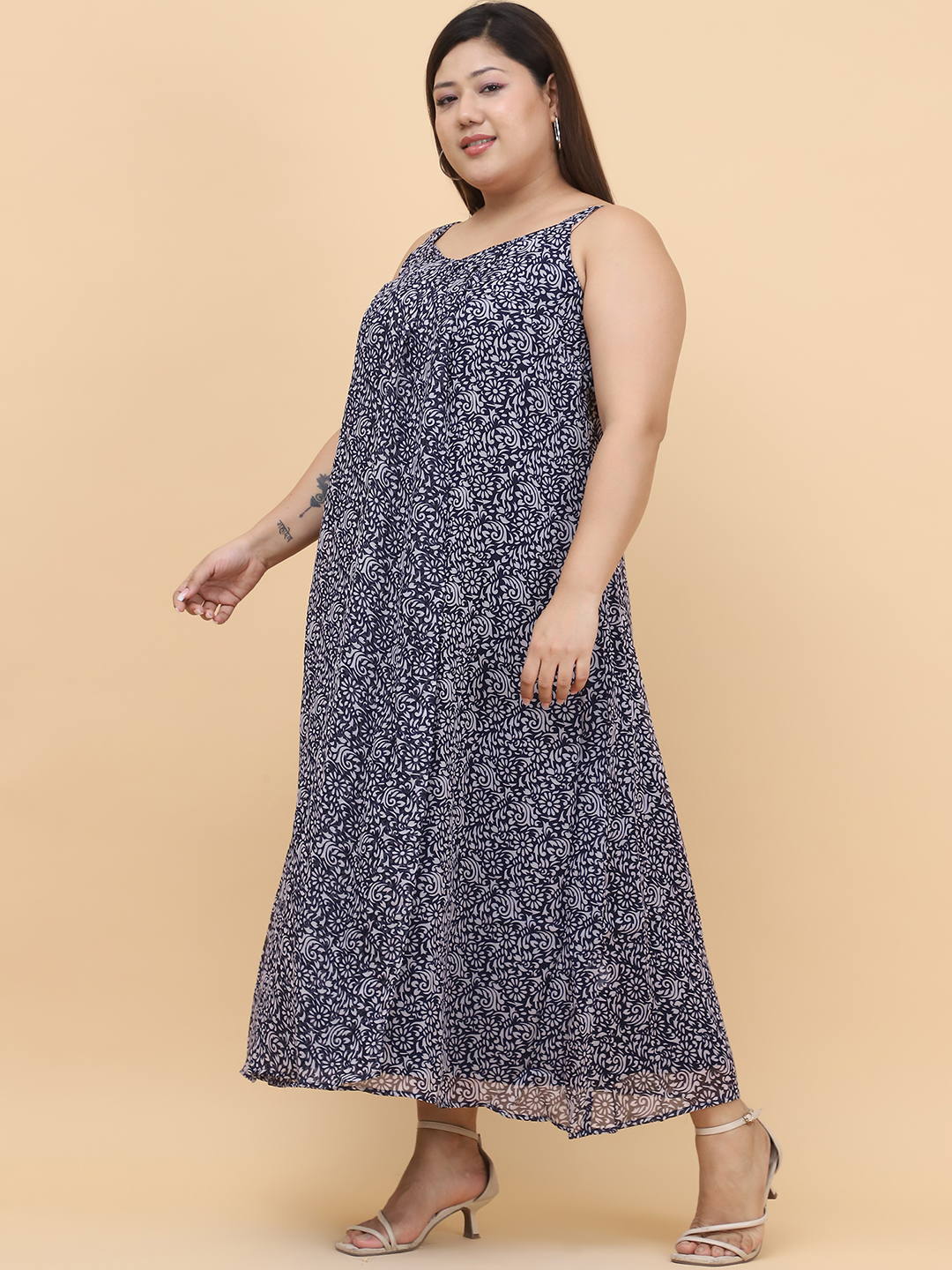 Women's Plus Size Navy Blue Floral Printed A-Line Midi Dress
