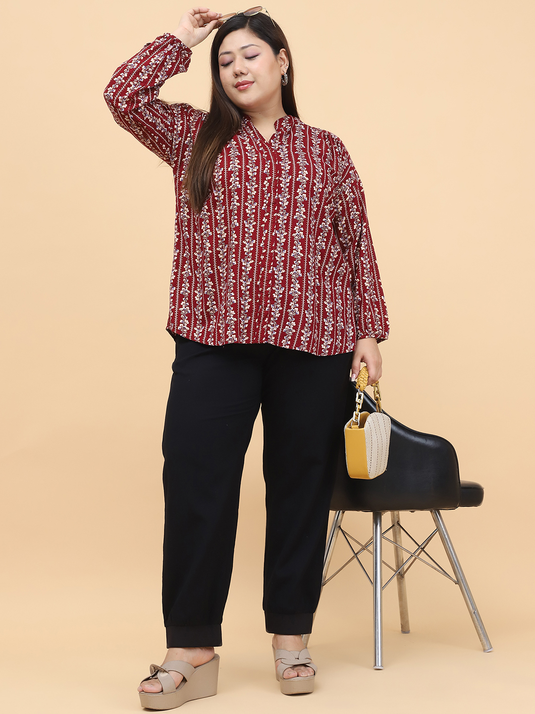 Women's Plus Size Maroon Gold Foil printed casual top