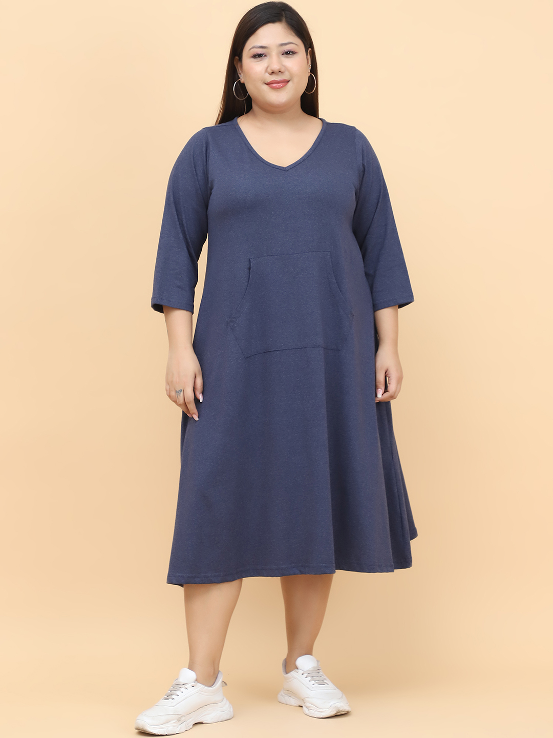 Women's Plus Size Melange Blue Solid Color Cotton Knitted Dress